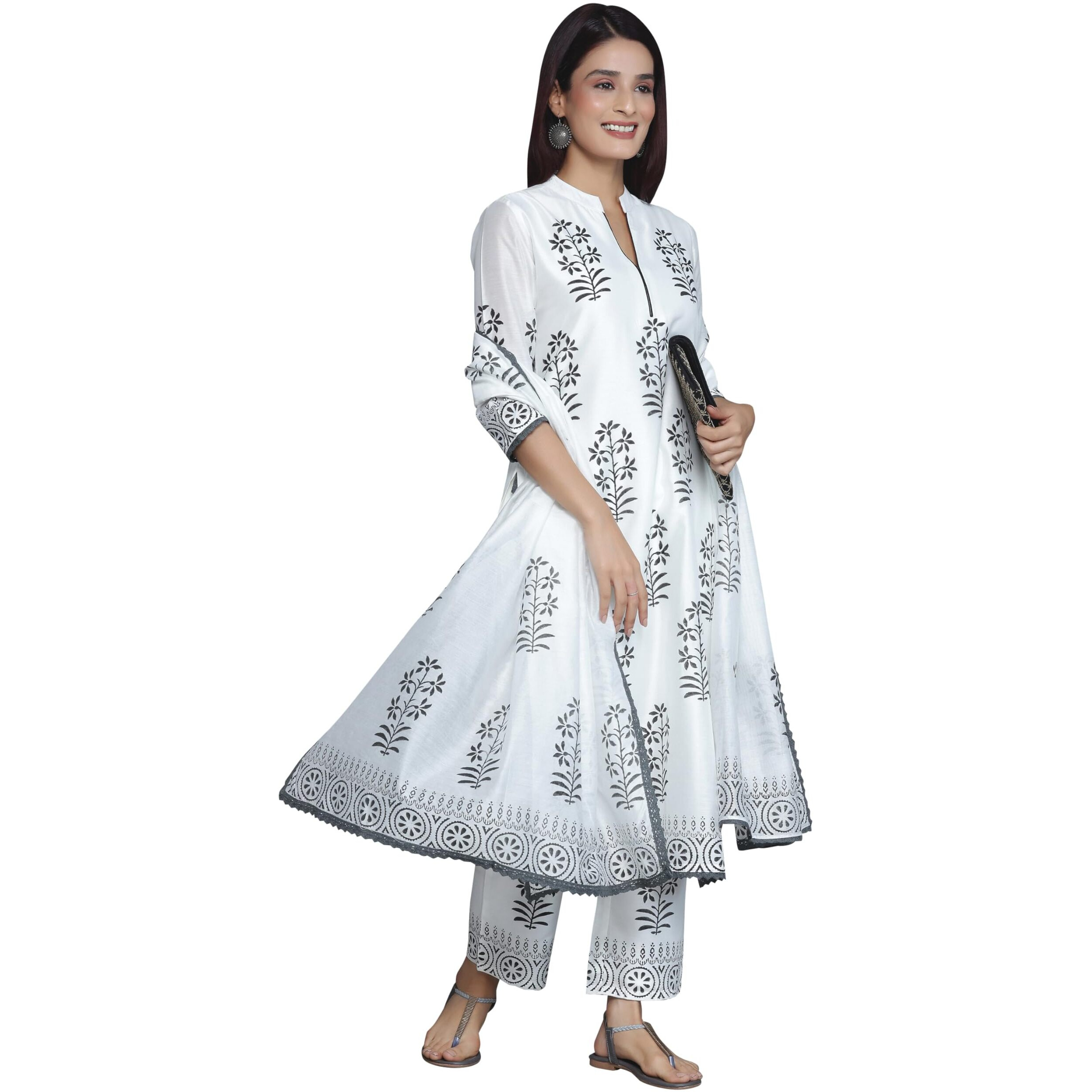 Libas Women's Chanderi Silk Printed Kurta Set (27035_White_Xs)