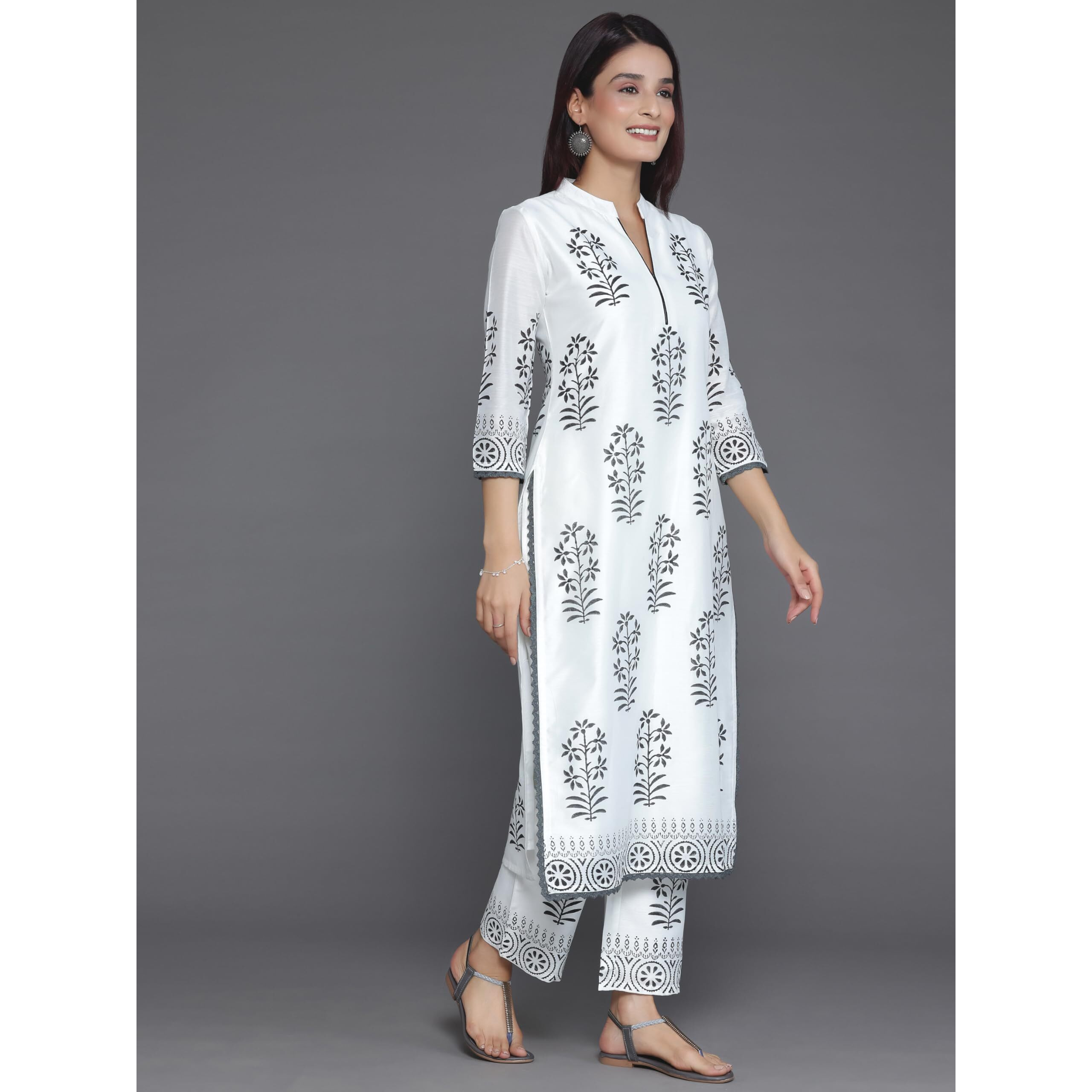 Libas Women's Chanderi Silk Printed Kurta Set (27035_White_Xs)