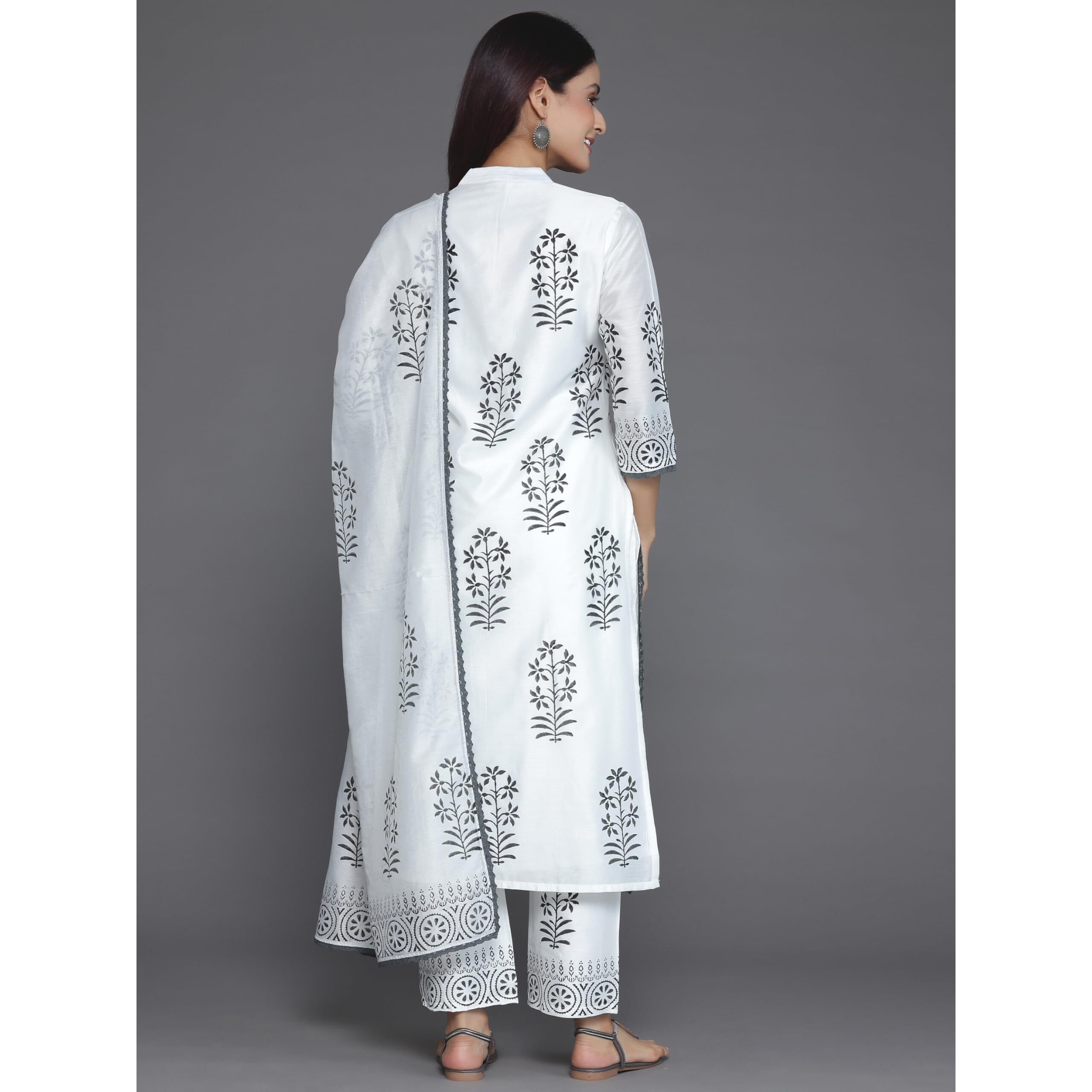 Libas Women's Chanderi Silk Printed Kurta Set (27035_White_Xs)