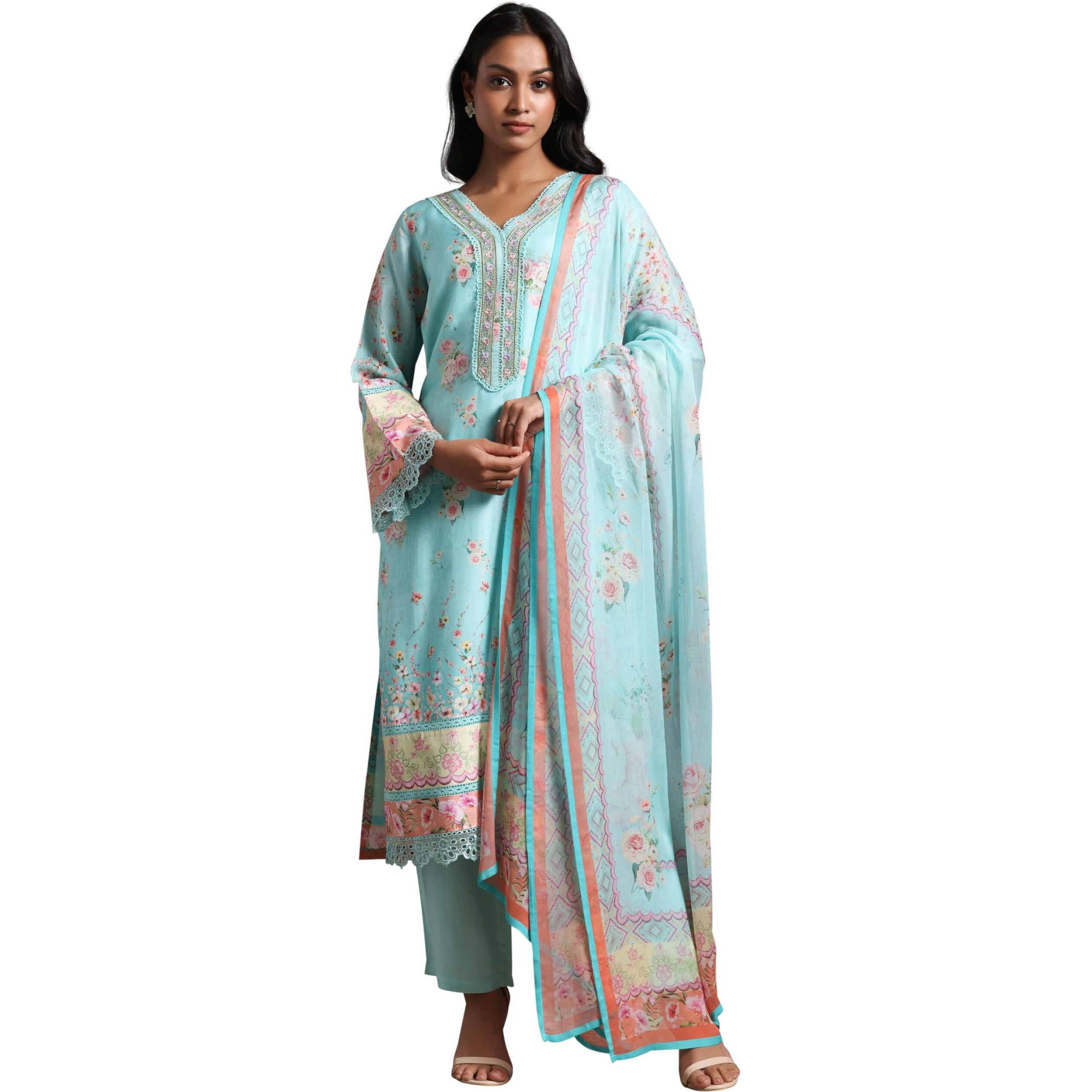 Libas Womens Printed Silk Blend Straight Kurta With Trousers And Dupatta