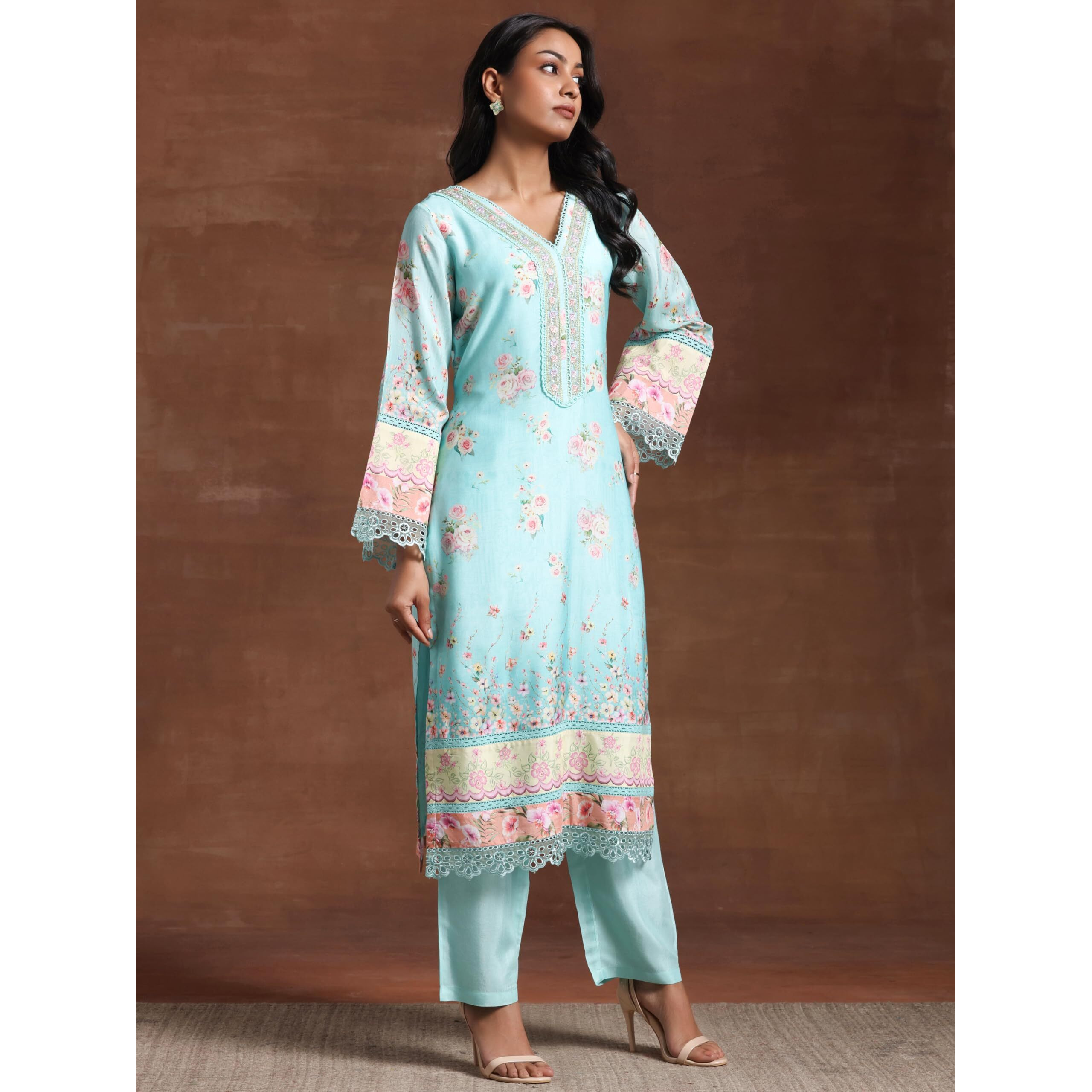 Libas Womens Printed Silk Blend Straight Kurta With Trousers And Dupatta