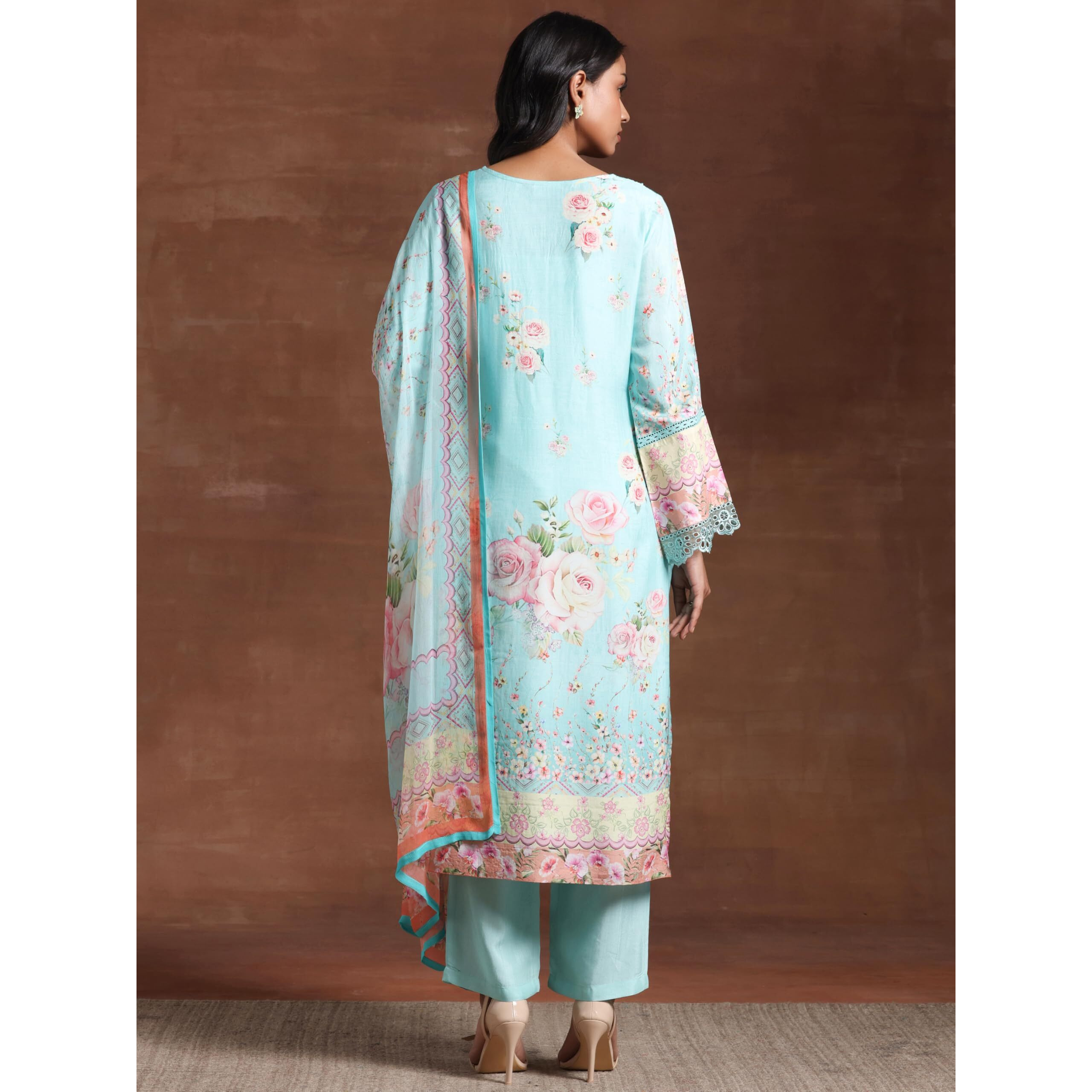 Libas Womens Printed Silk Blend Straight Kurta With Trousers And Dupatta
