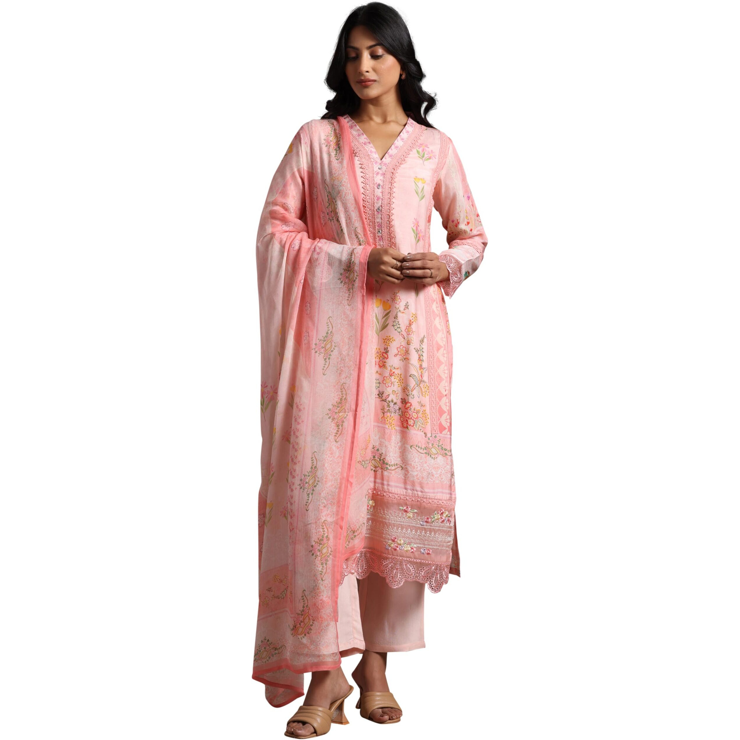 Libas Womens Printed Silk Blend Straight Kurta With Trousers And Dupatta