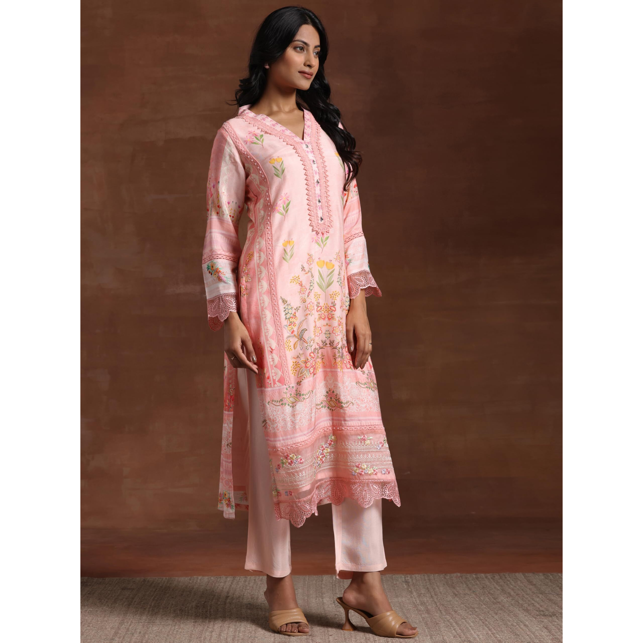 Libas Womens Printed Silk Blend Straight Kurta With Trousers And Dupatta