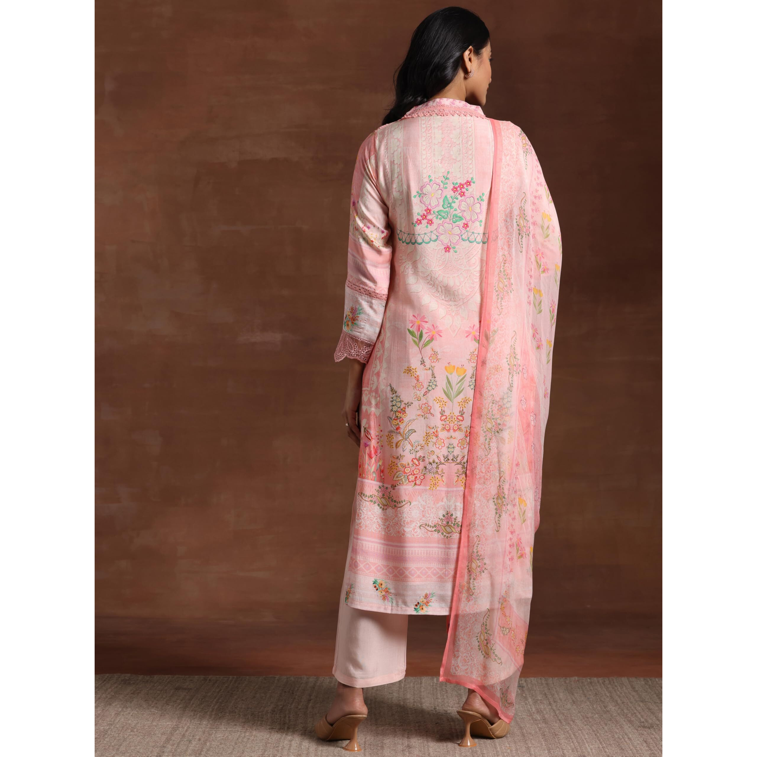 Libas Womens Printed Silk Blend Straight Kurta With Trousers And Dupatta