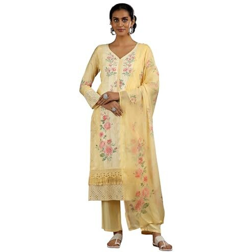 Libas Womens Printed Silk Blend Straight Kurta With Trousers And Dupatta