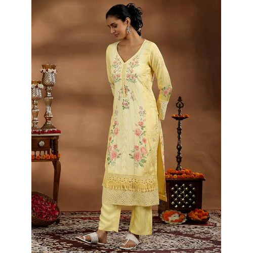 Libas Womens Printed Silk Blend Straight Kurta With Trousers And Dupatta