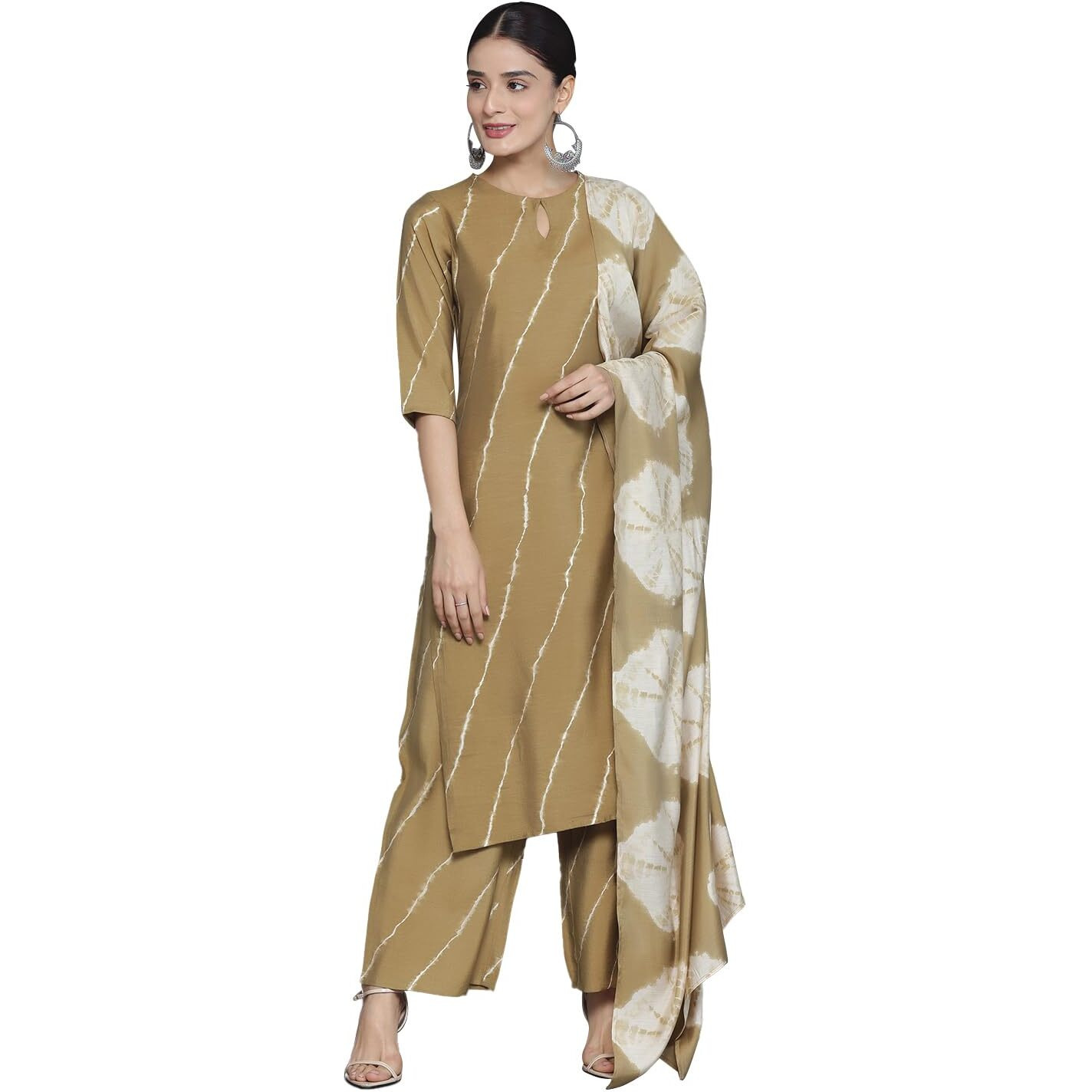Libas Womens Printed Silk Blend Straight Kurta With Palazzos And Dupatta