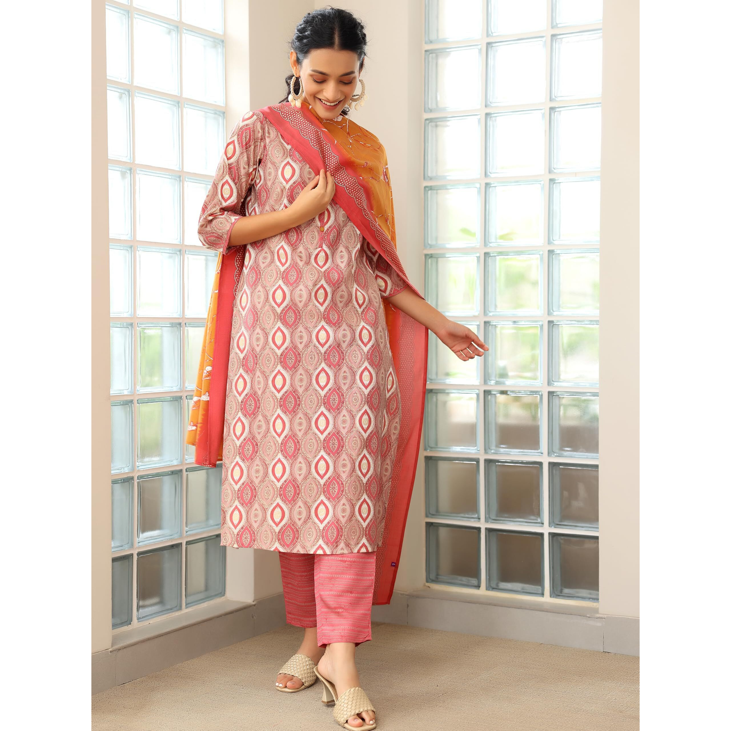 Libas Womens Printed Silk Blend Straight Kurta With Trousers And Dupatta