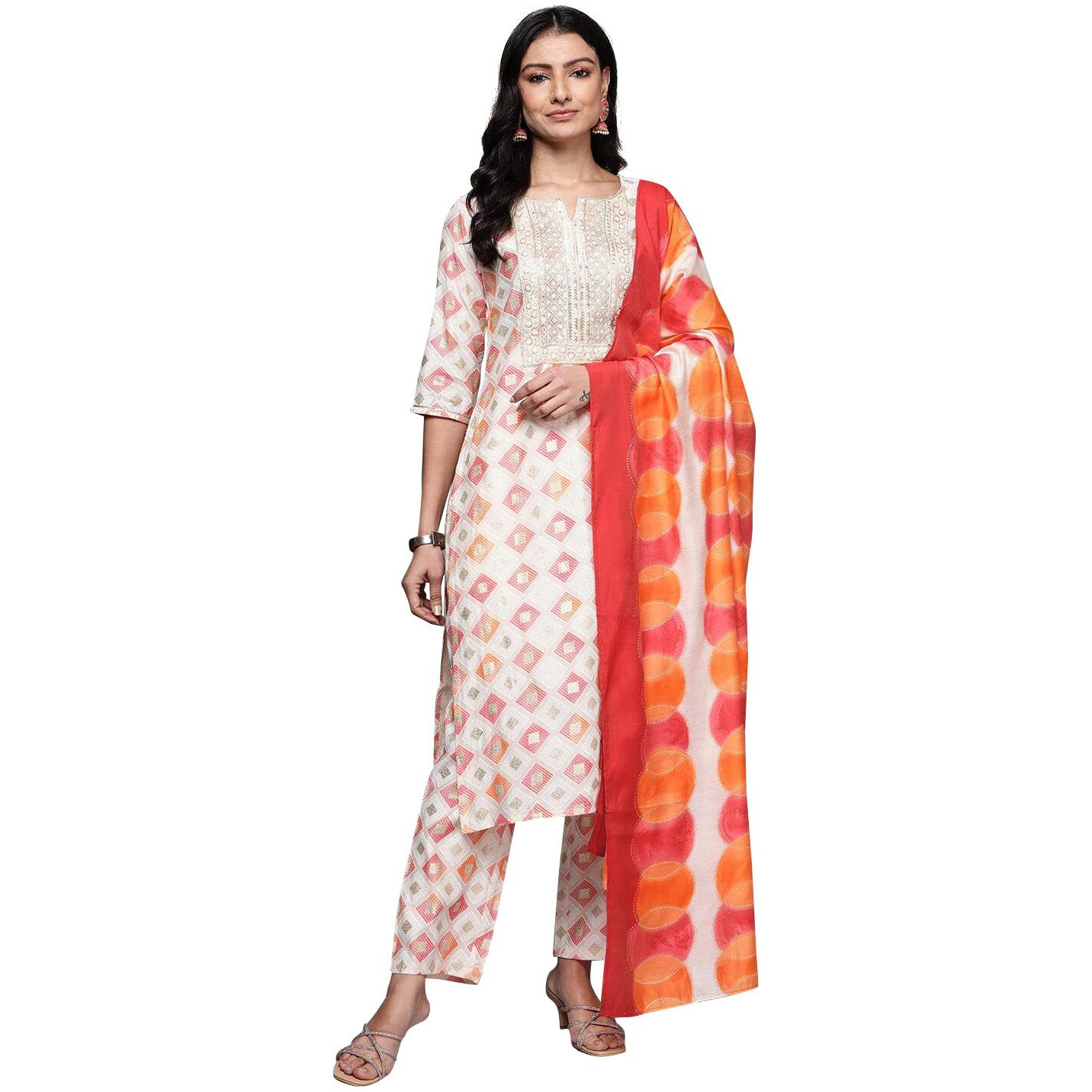 Libas Womens Printed Silk Blend Straight Kurta With Palazzos And Dupatta