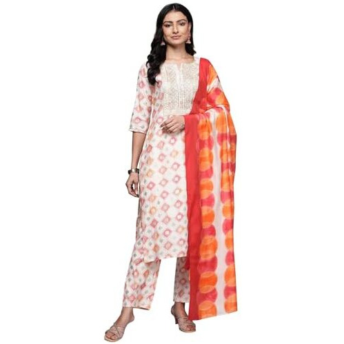 Libas Womens Printed Silk Blend Straight Kurta With Palazzos And Dupatta