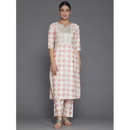 Libas Womens Printed Silk Blend Straight Kurta With Palazzos And Dupatta