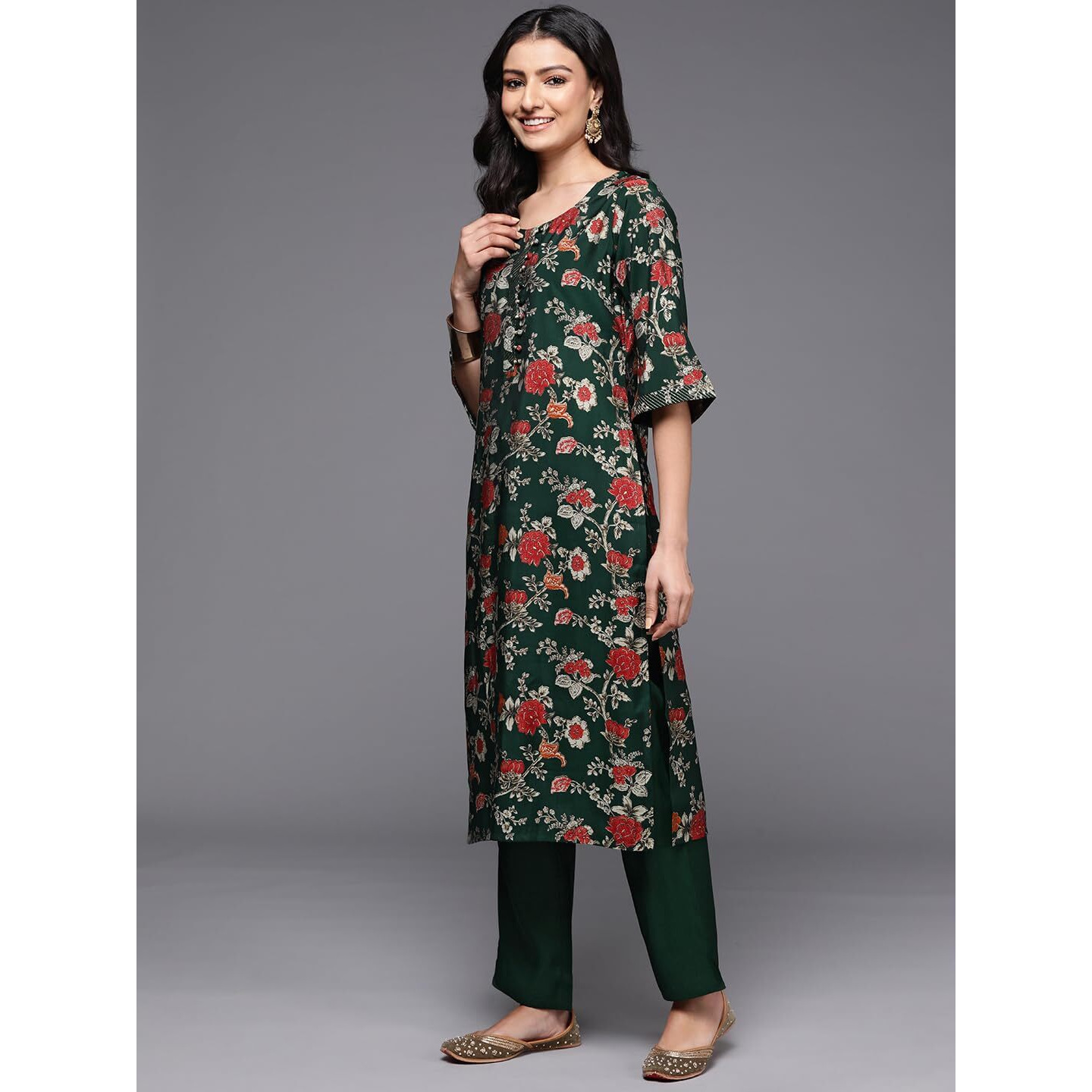 Libas Womens Printed Silk Blend Straight Kurta With Palazzos And Dupatta