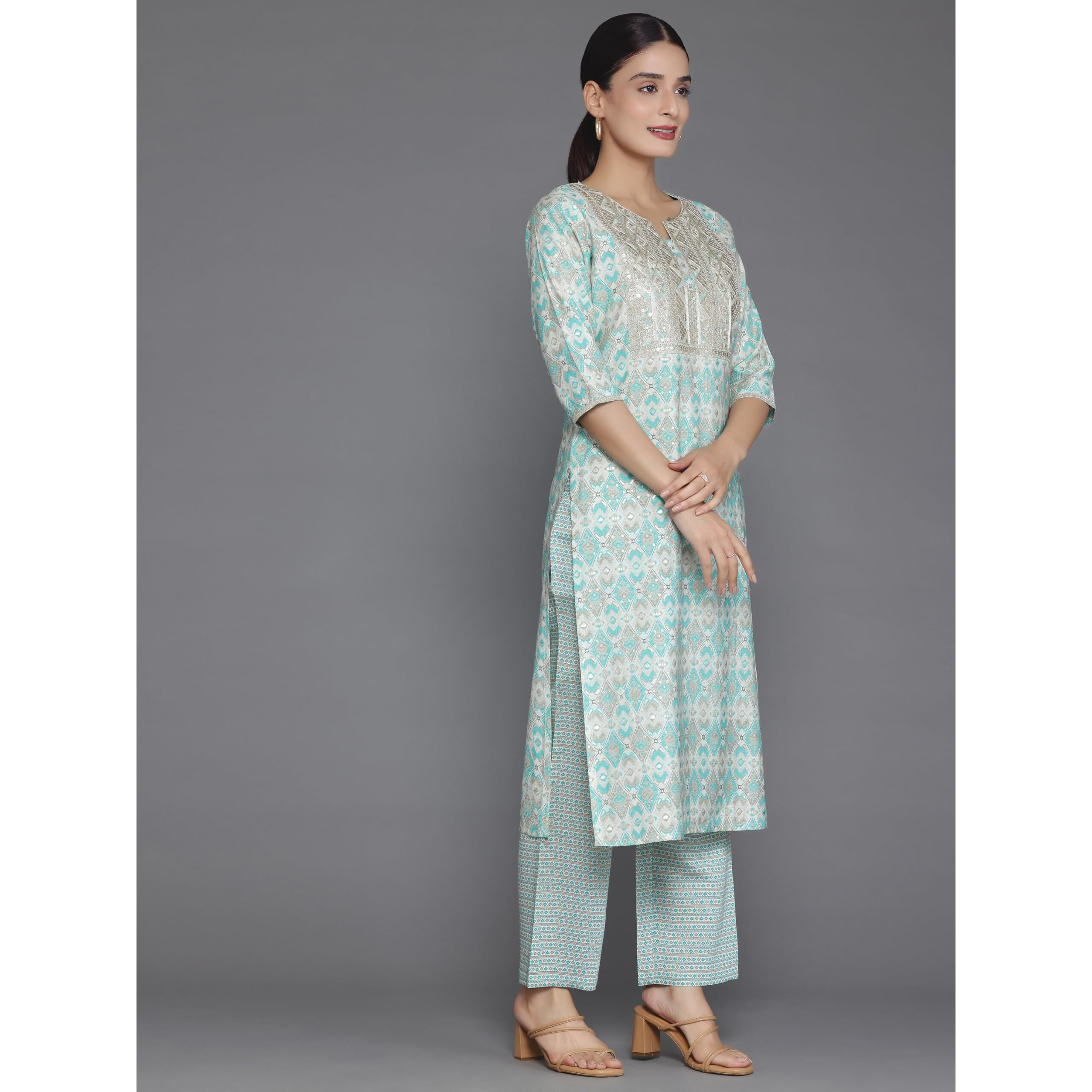 Libas Women's Silk Blend Kurta Set (35316_Beige_L)