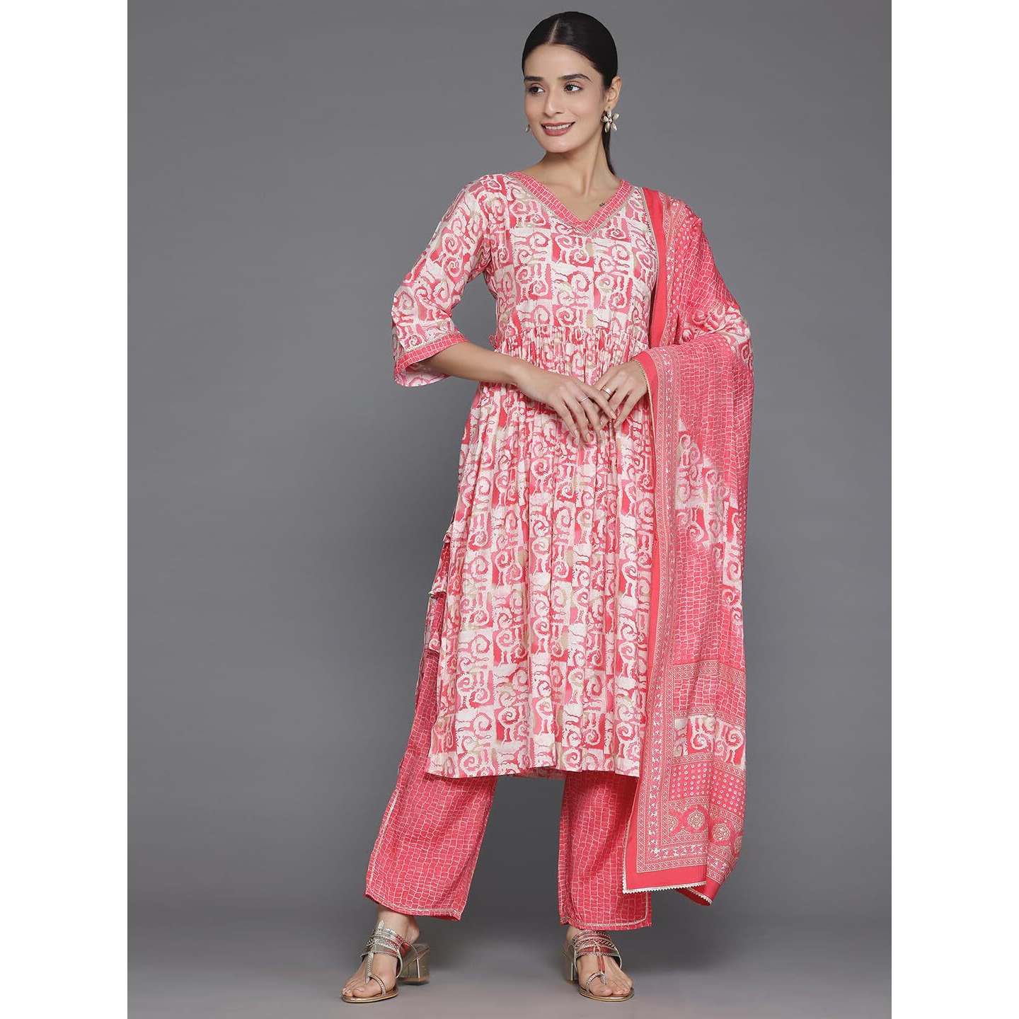 Libas Women's Silk Blend Kurta Set (35318_Peach_Xl)