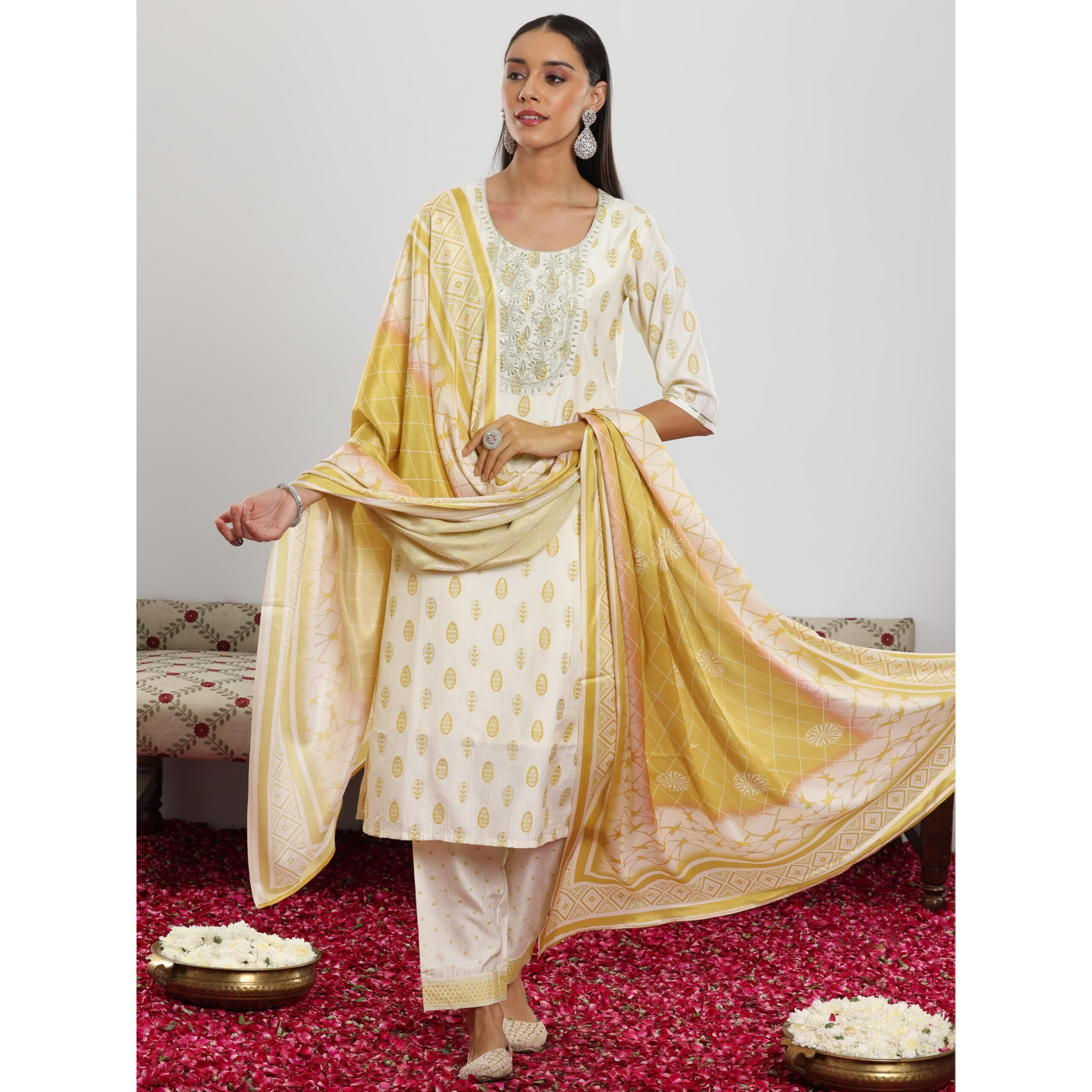 Libas Womens Printed Silk Blend Straight Kurta With Palazzos And Dupatta