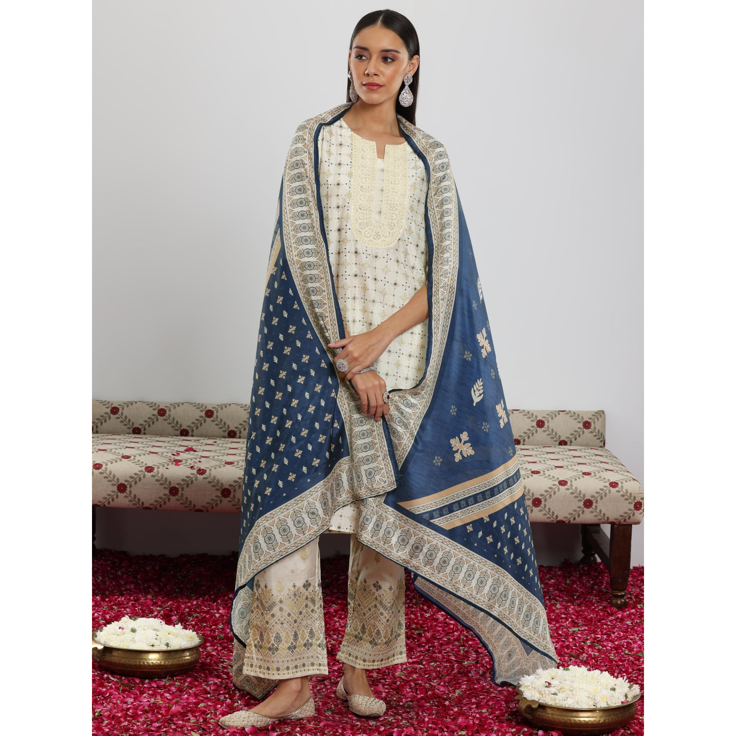 Libas Women's Silk Blend Kurta Set (35336_Off White_M)