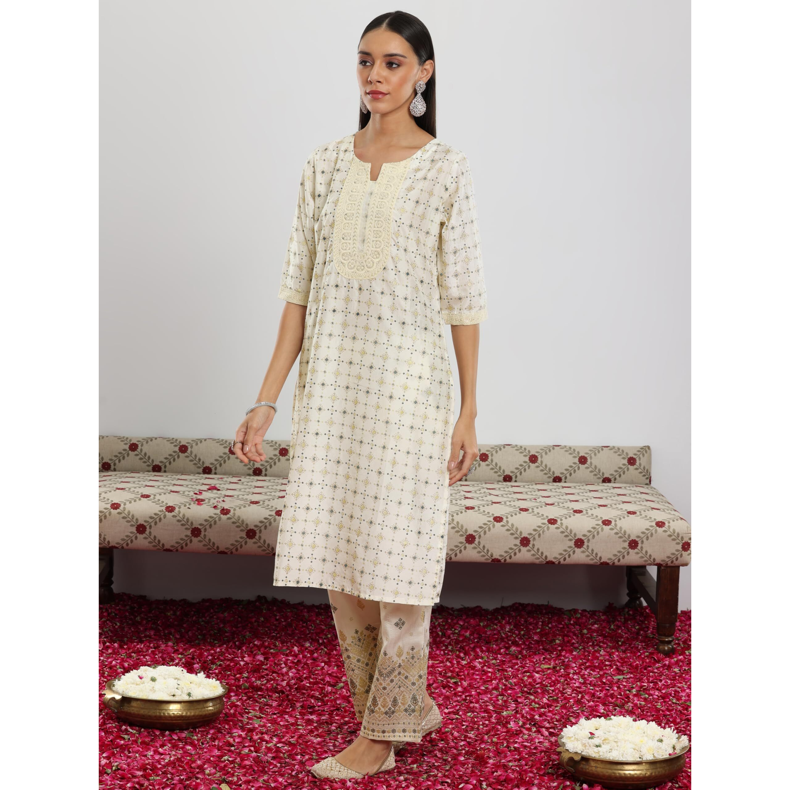 Libas Women's Silk Blend Kurta Set (35336_Off White_M)