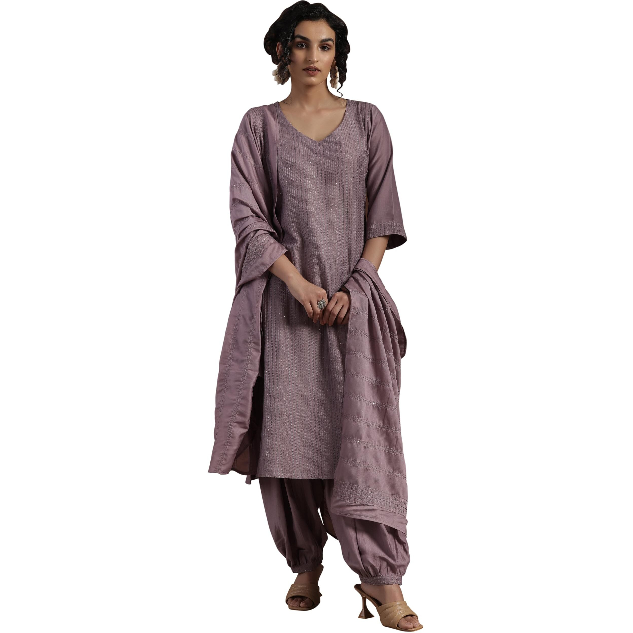 Libas Womens Self Design Silk Blend Straight Kurta With Salwar And Dupatta