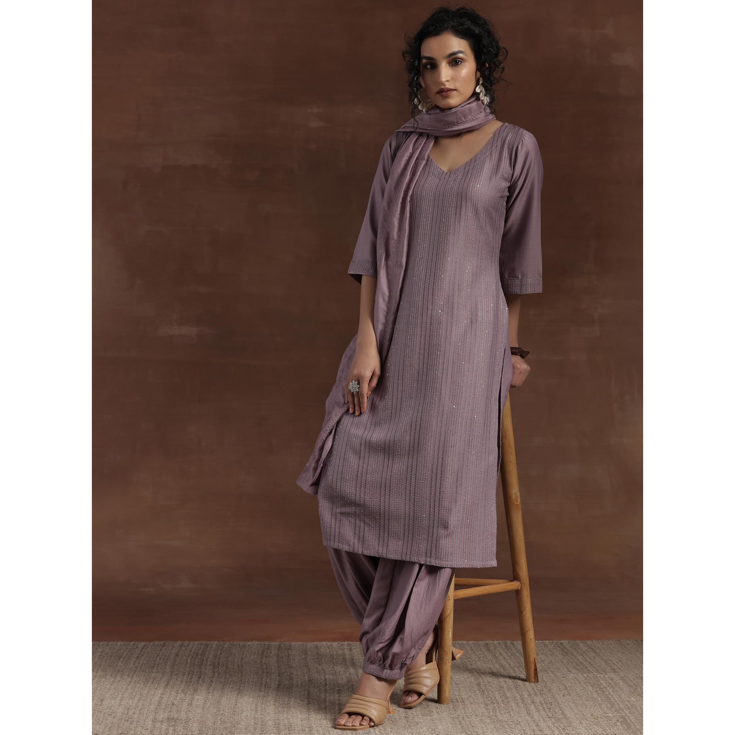 Libas Womens Self Design Silk Blend Straight Kurta With Salwar And Dupatta