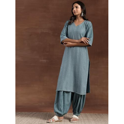 Libas Womens Self Design Silk Blend Straight Kurta With Salwar And Dupatta