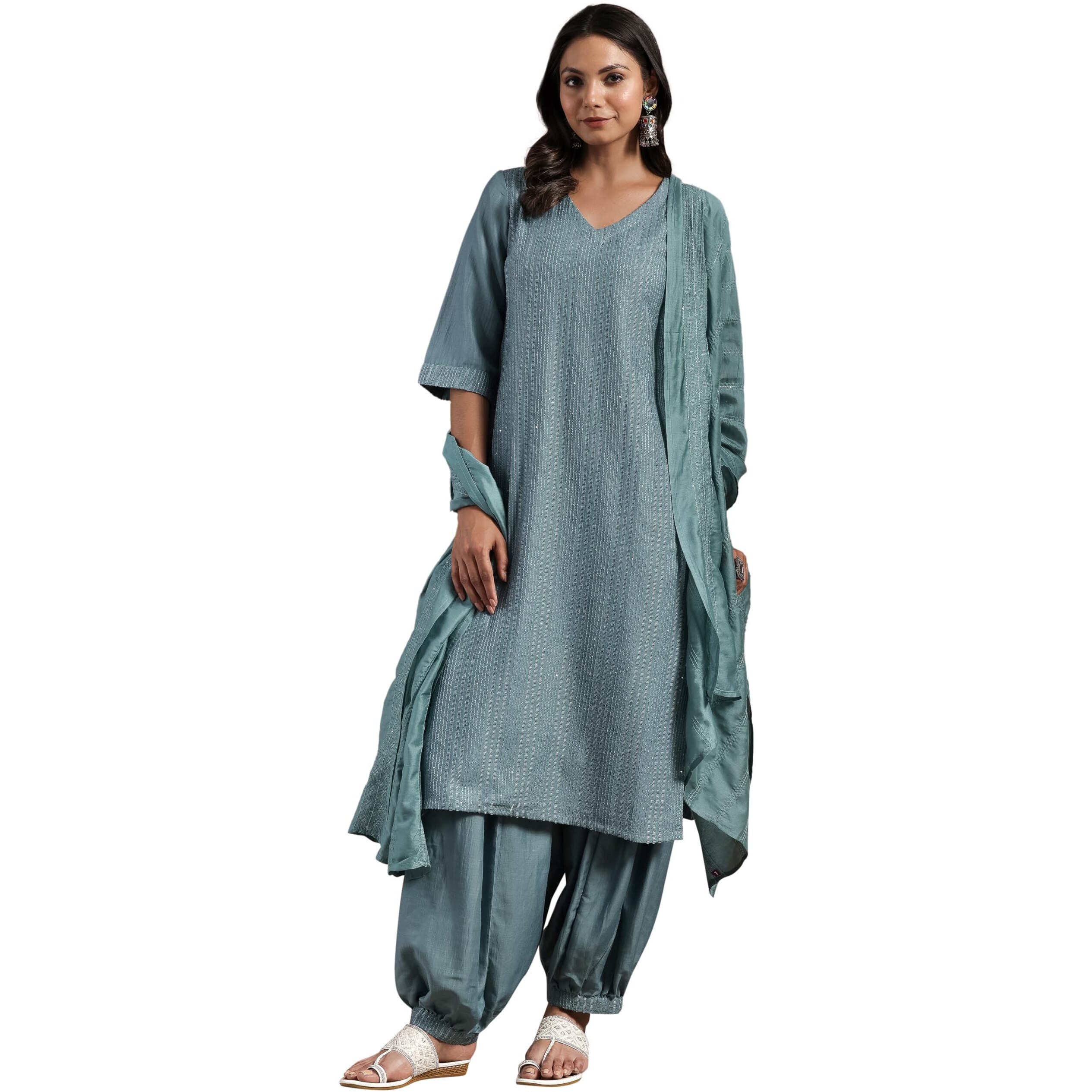 Libas Womens Self Design Silk Blend Straight Kurta With Salwar And Dupatta