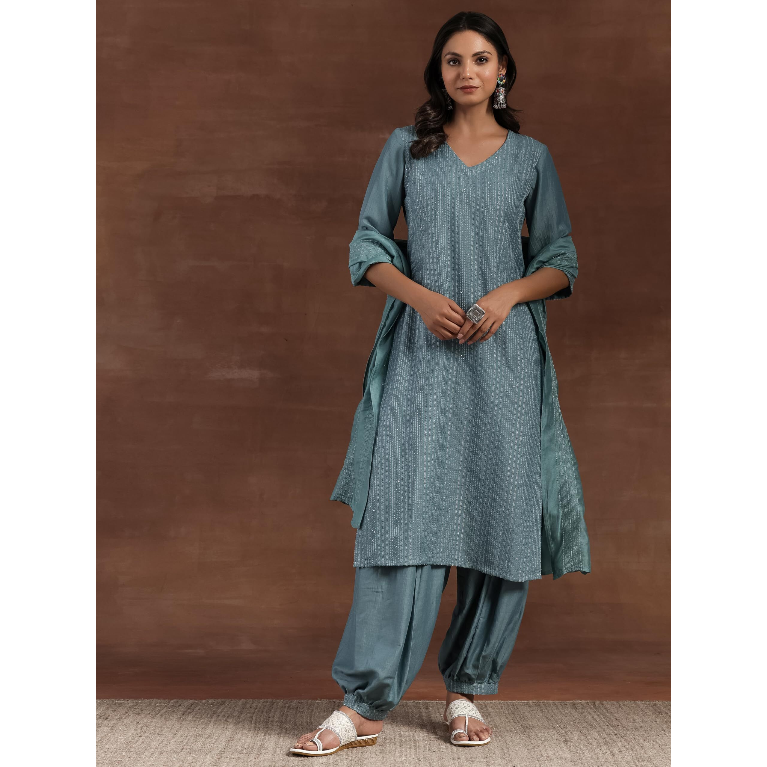 Libas Womens Self Design Silk Blend Straight Kurta With Salwar And Dupatta