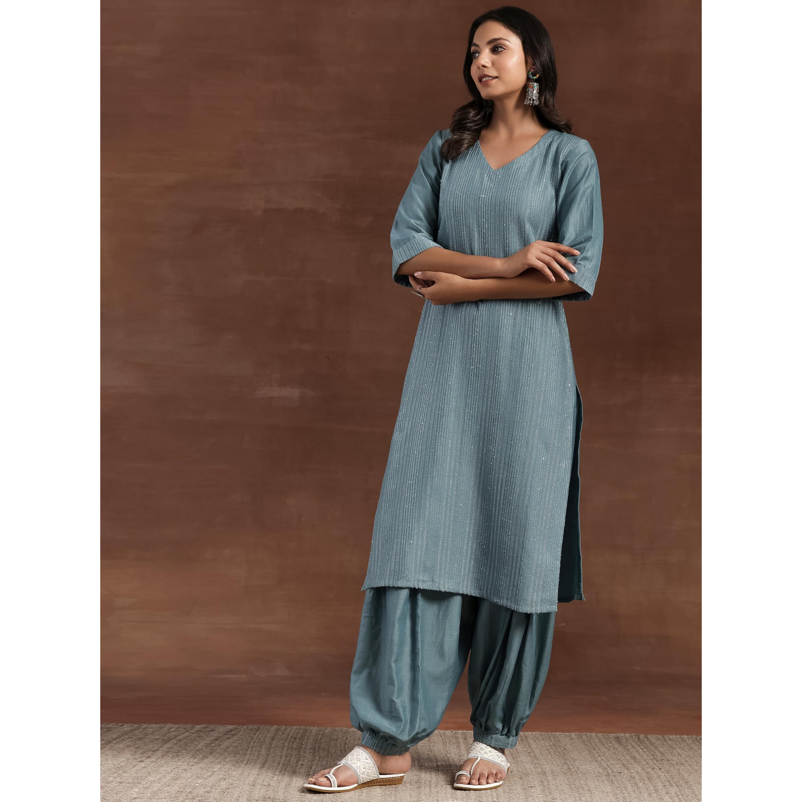Libas Womens Self Design Silk Blend Straight Kurta With Salwar And Dupatta