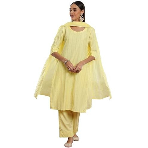 Libas Women's Silk Blend Self Design Kurta Set (35344_Yellow