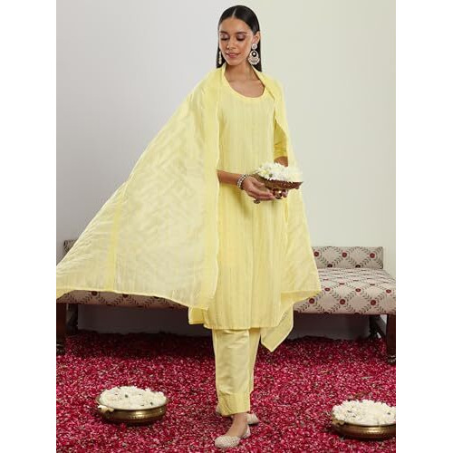 Libas Women's Silk Blend Self Design Kurta Set (35344_Yellow
