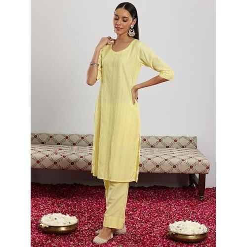 Libas Women's Silk Blend Self Design Kurta Set (35344_Yellow