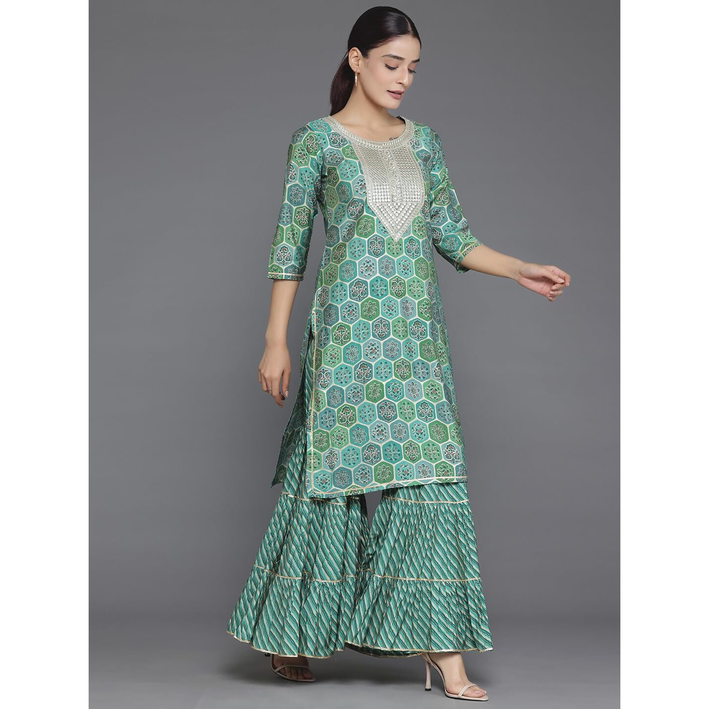 Libas Women's Silk Blend Kurta Set (35383_Green_Xl)