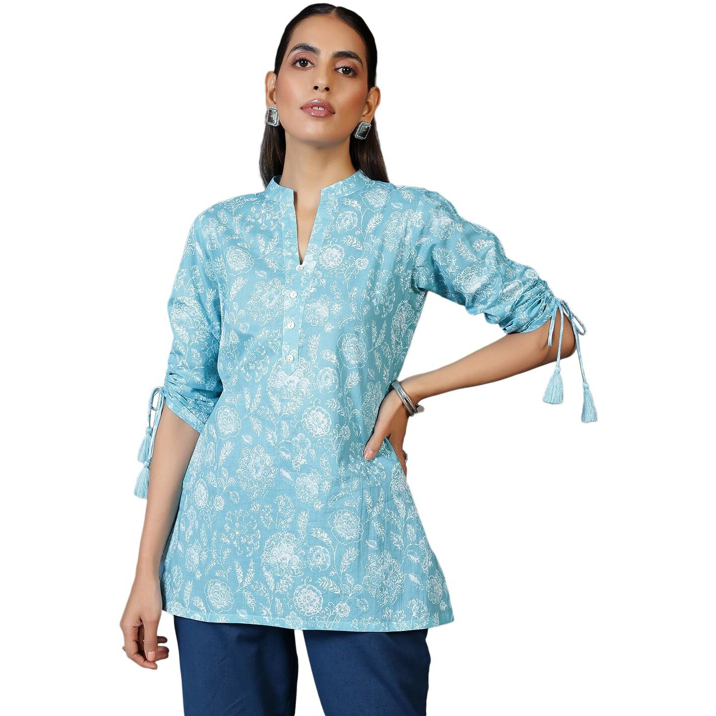 Libas Women's Pure Cotton Printed Straight Kurtis (26852_Blue