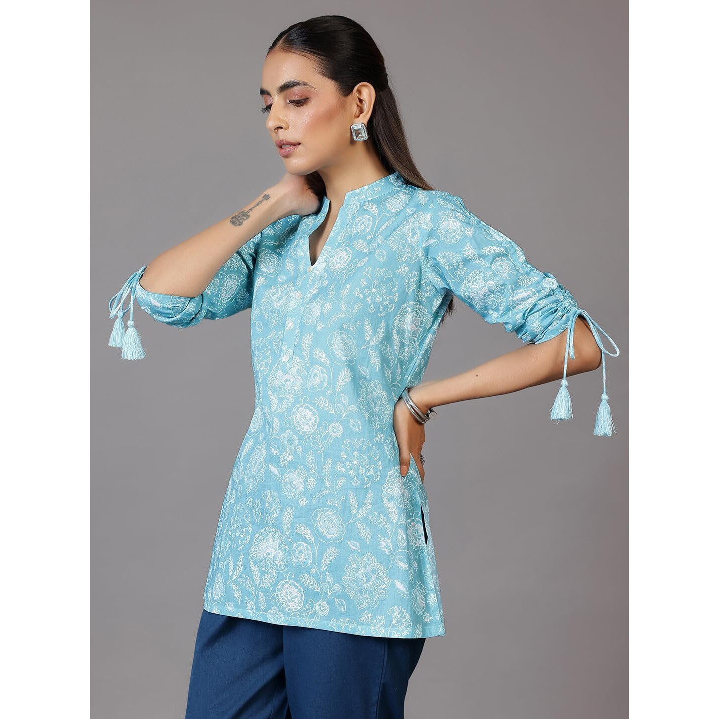 Libas Women's Pure Cotton Printed Straight Kurtis (26852_Blue