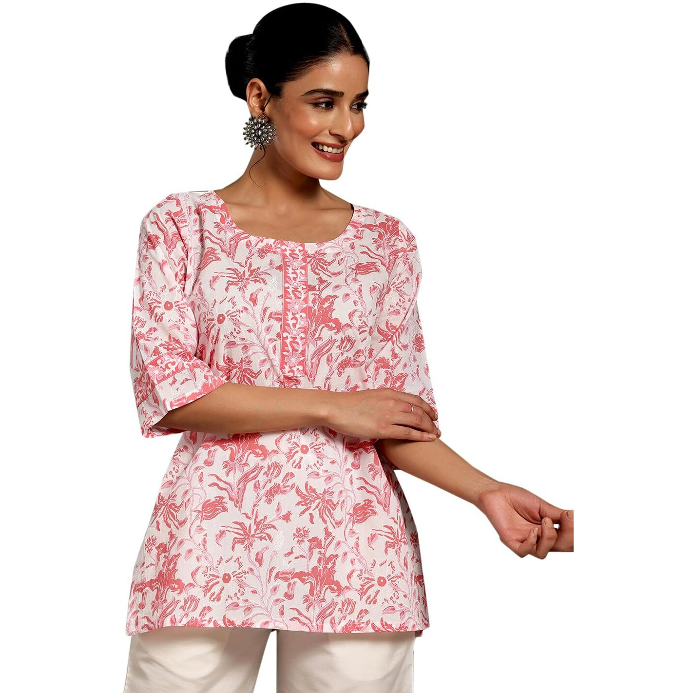 Libas Women's Pure Cotton Printed Straight Kurtis (26864_White