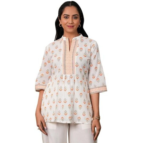 Libas Women's Pure Cotton Printed Straight Kurtis (26866_White
