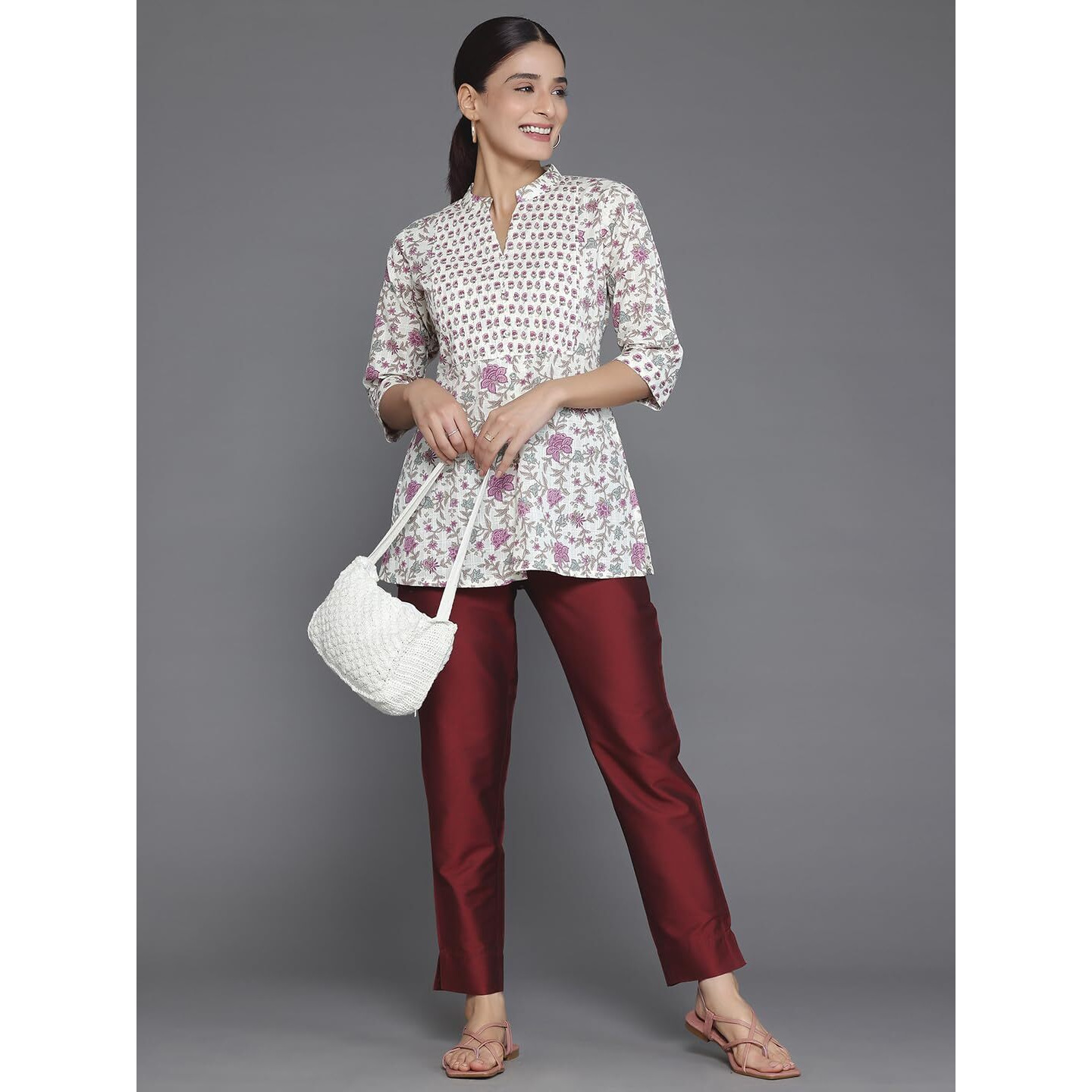 Libas Women's Cotton Blend Printed Straight Kurtis (26872_Off White