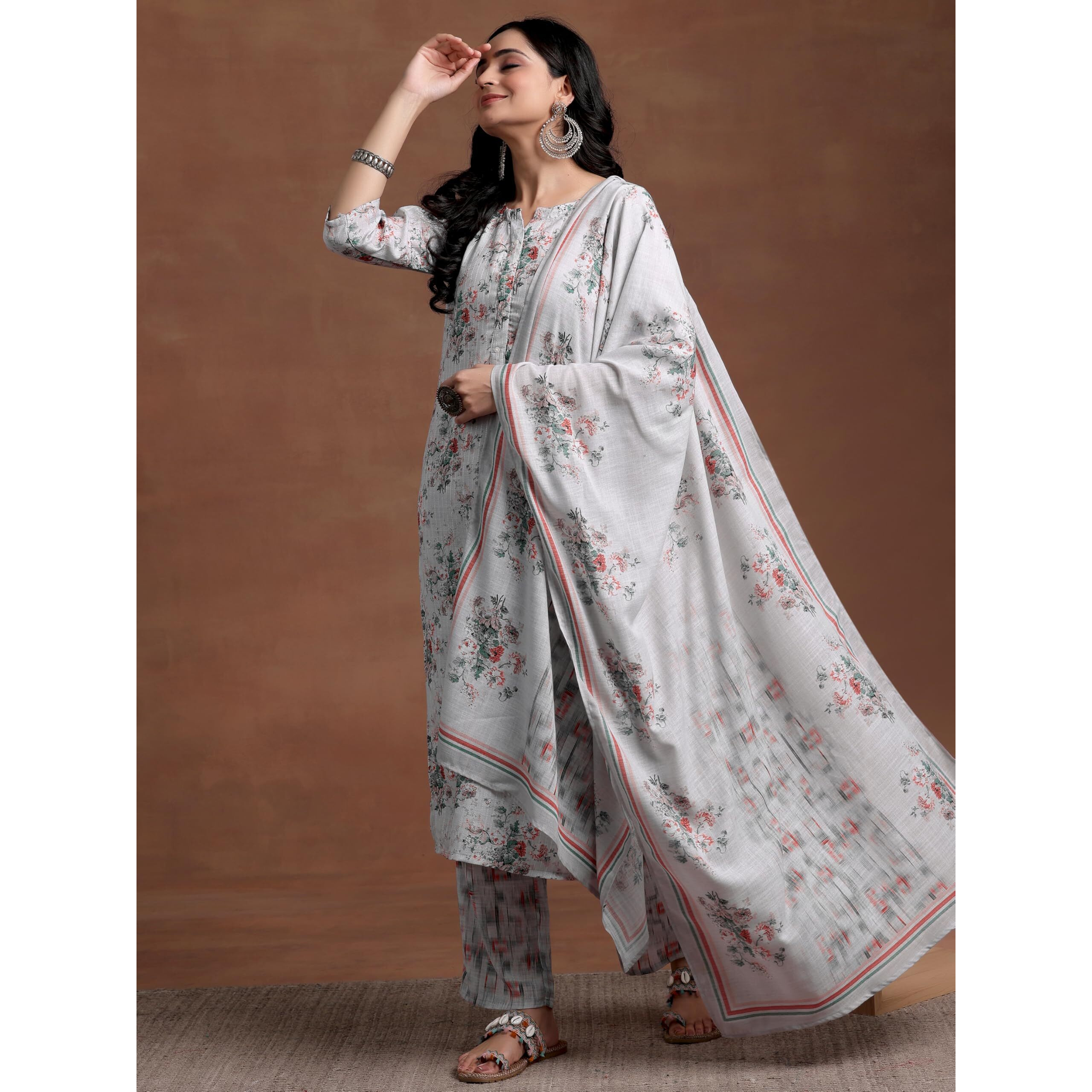 Libas Womens Printed Cotton Straight Kurta With Palazzos And Dupatta