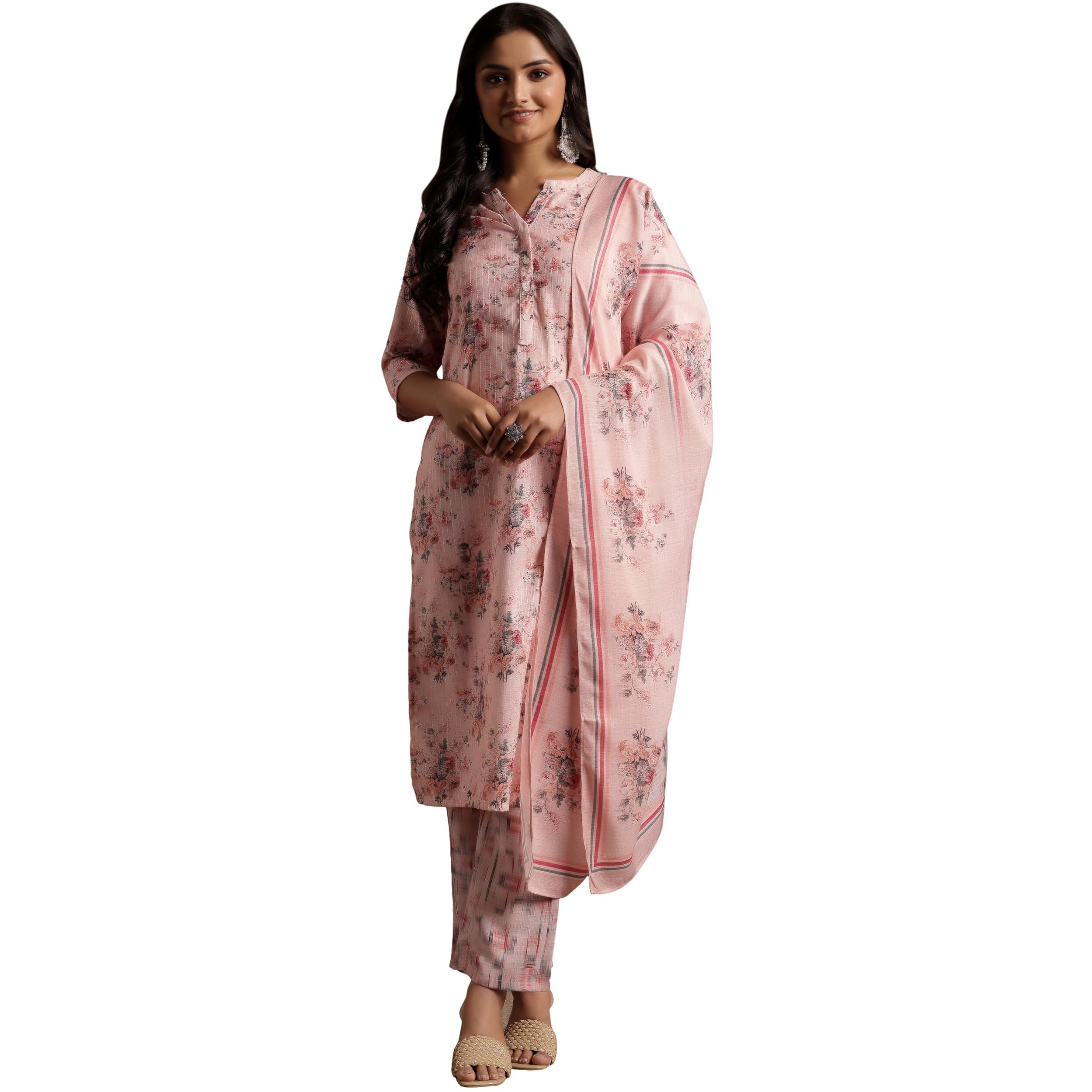 Libas Womens Printed Cotton Straight Kurta With Palazzos And Dupatta