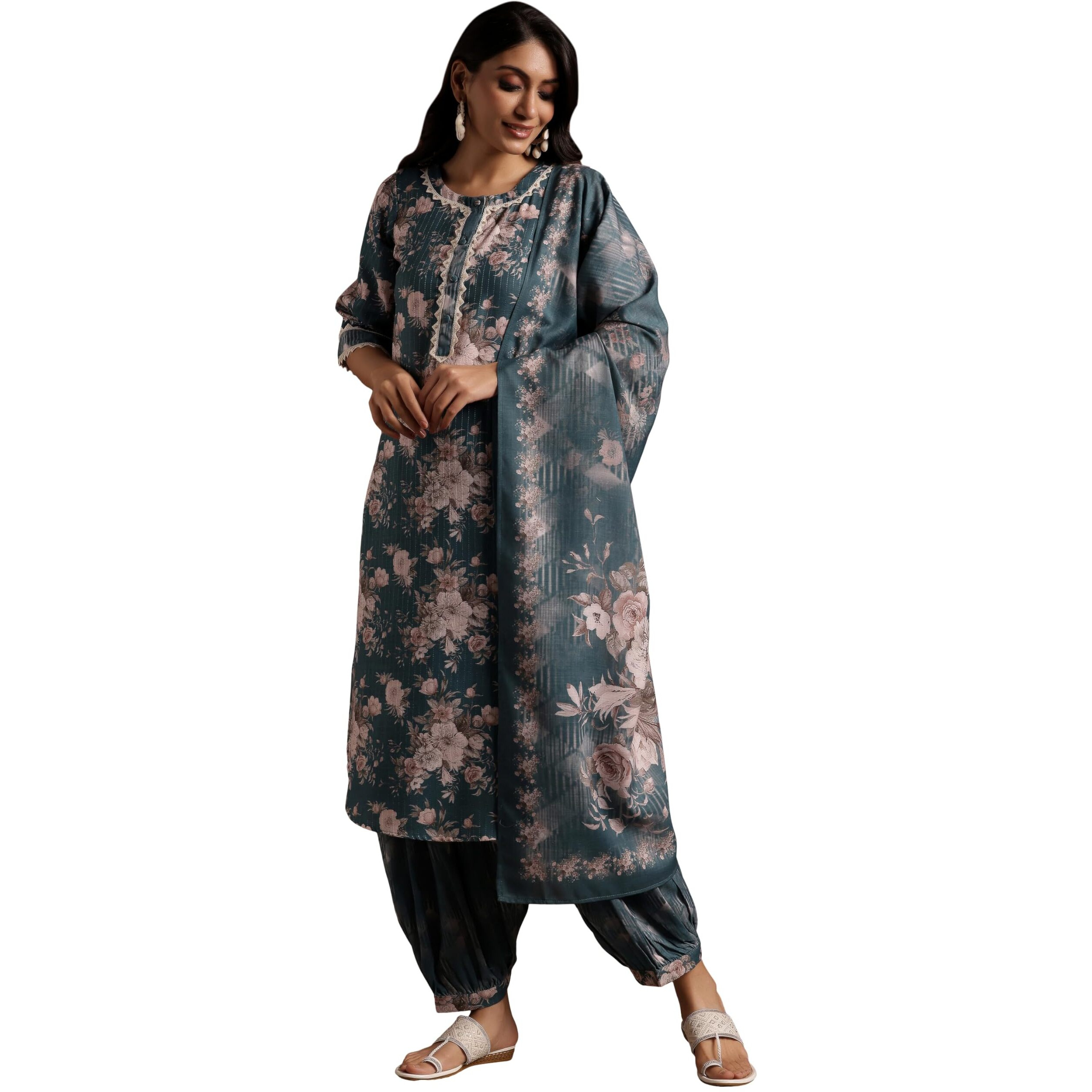 Libas Womens Printed Cotton Straight Kurta With Salwar And Dupatta