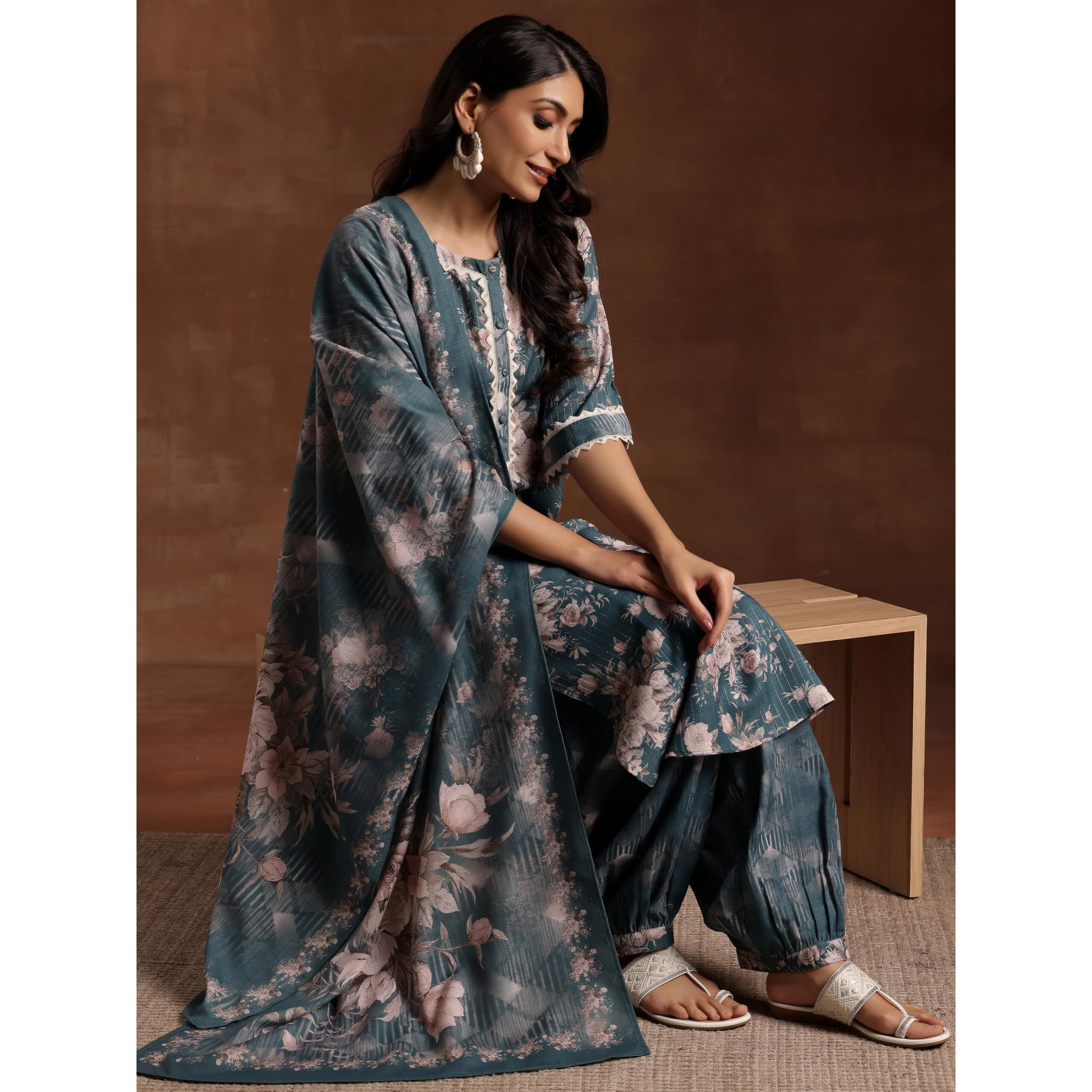 Libas Womens Printed Cotton Straight Kurta With Salwar And Dupatta