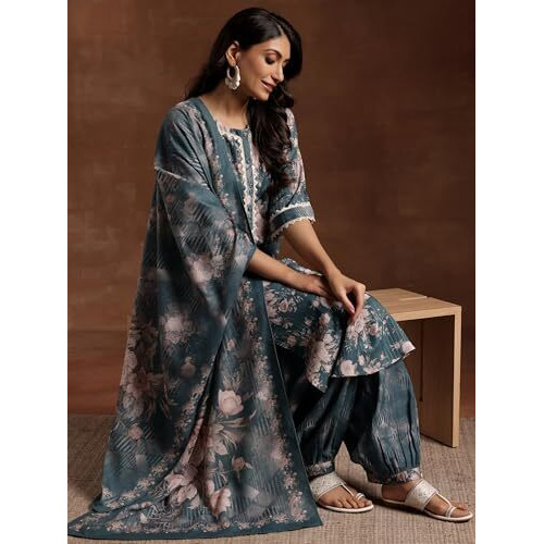 Libas Womens Printed Cotton Straight Kurta With Salwar And Dupatta