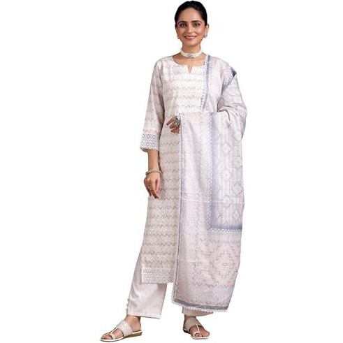 Libas Womens Embroidered Cotton Blend Straight Kurta With Palazzos And Dupatta
