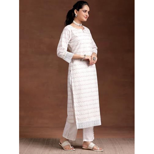 Libas Womens Embroidered Cotton Blend Straight Kurta With Palazzos And Dupatta