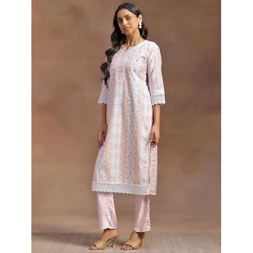 Libas Women's Cotton Blend Kurta Set (35368_Peach