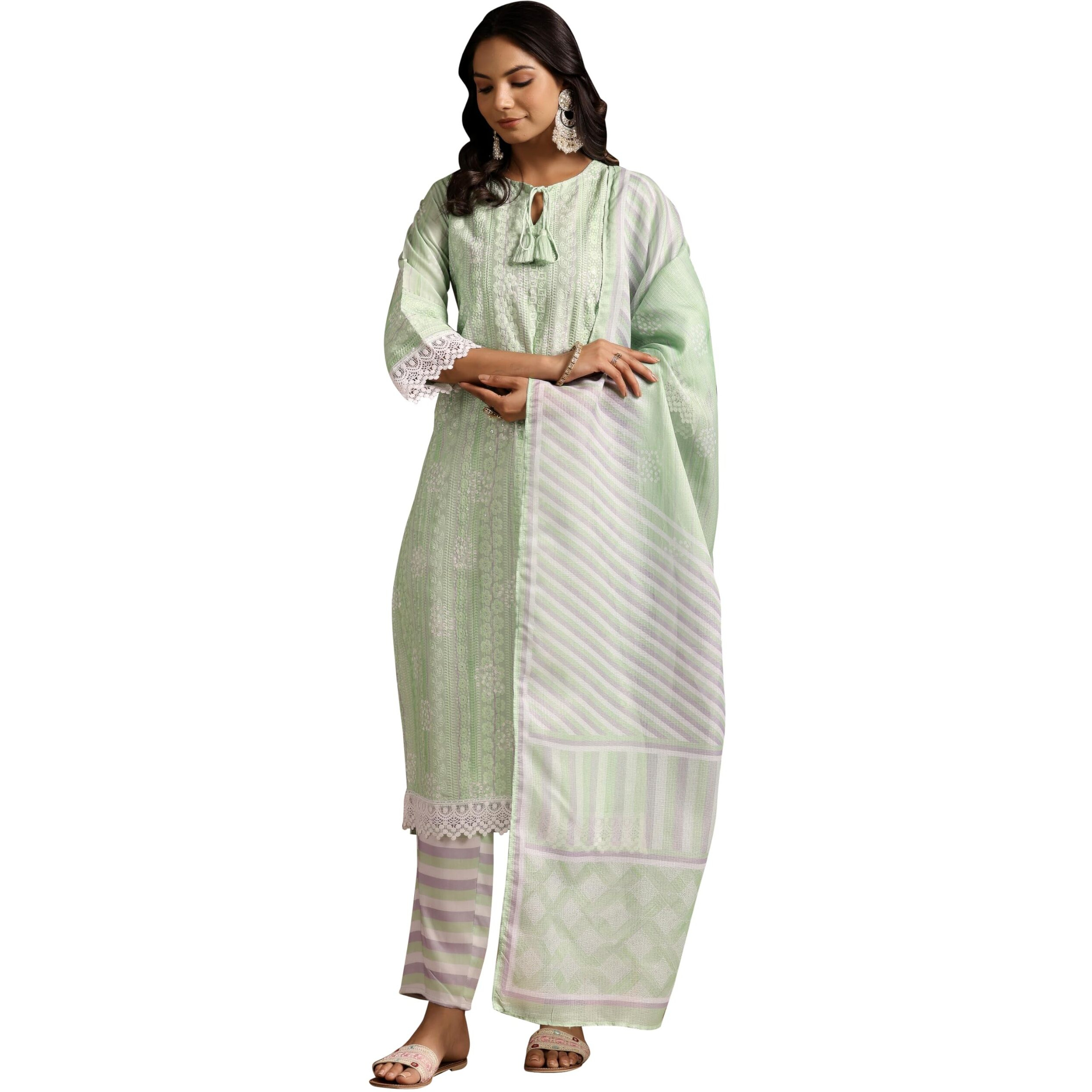 Libas Womens Embroidered Cotton Blend Straight Kurta With Palazzos And Dupatta