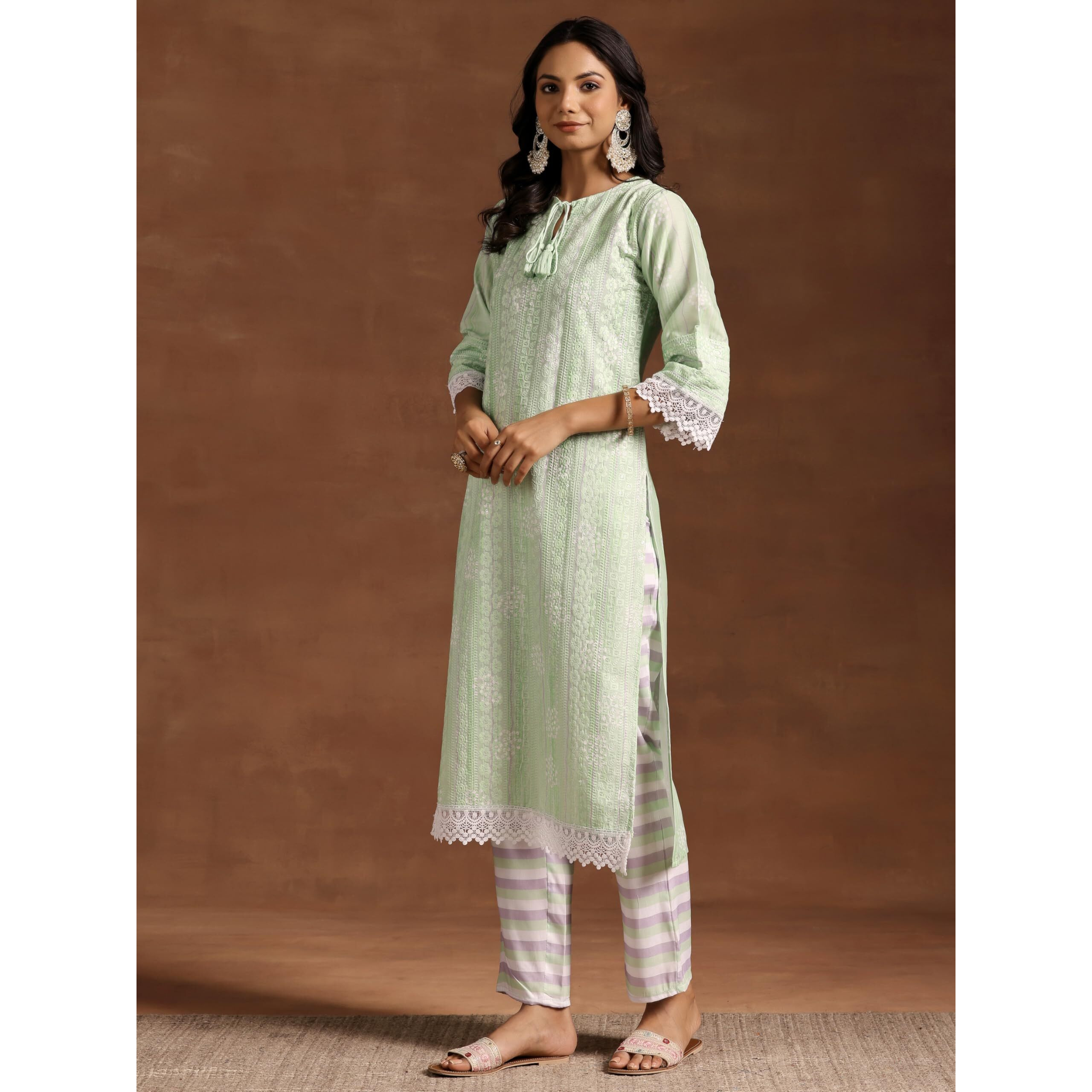 Libas Womens Embroidered Cotton Blend Straight Kurta With Palazzos And Dupatta