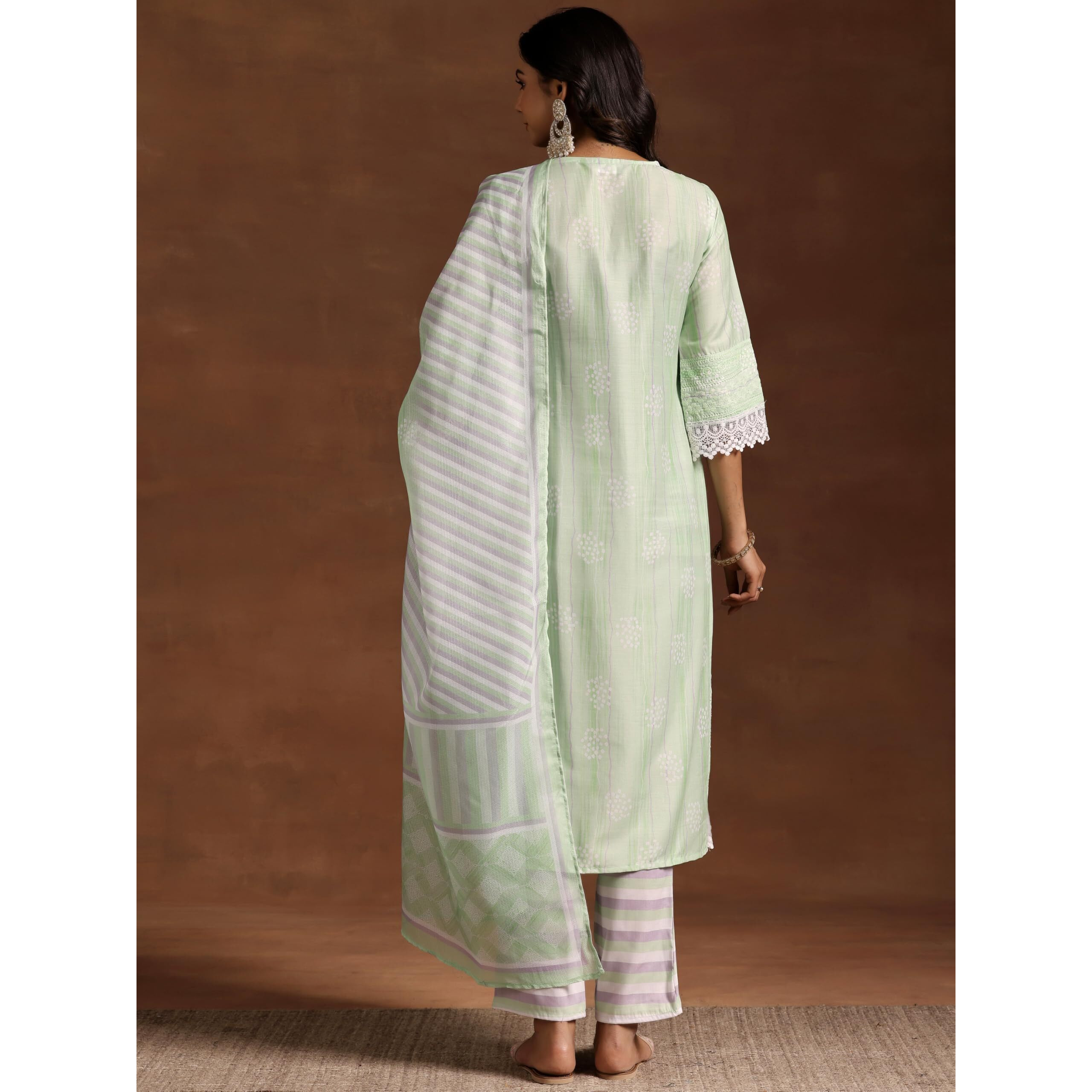Libas Womens Embroidered Cotton Blend Straight Kurta With Palazzos And Dupatta