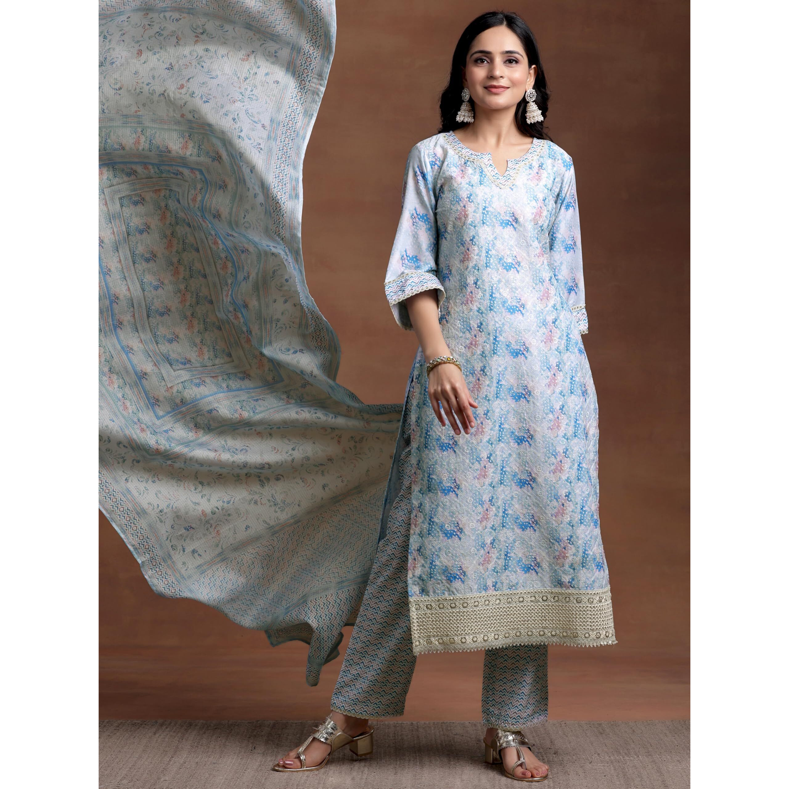Libas Womens Embroidered Cotton Blend Straight Kurta With Palazzos And Dupatta