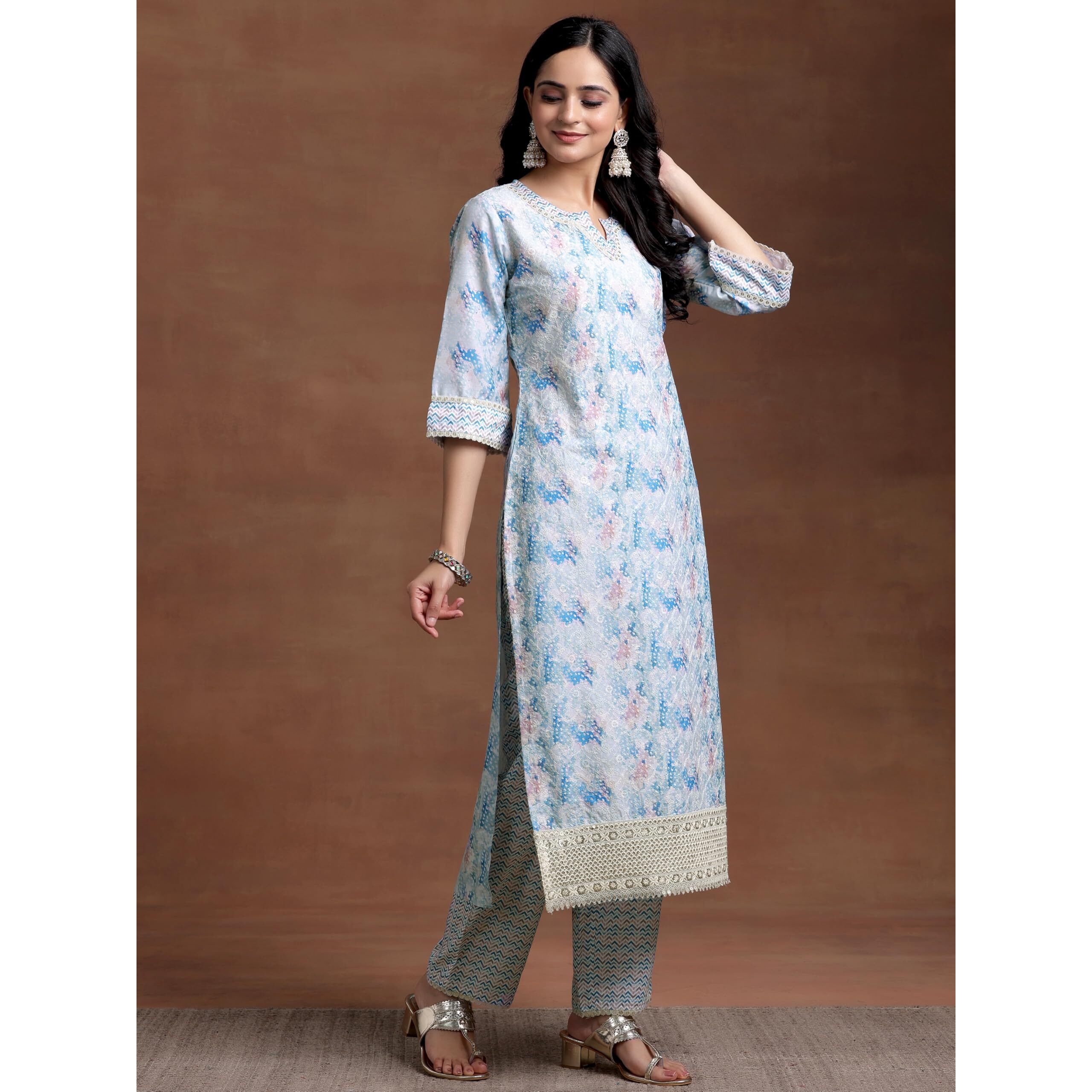 Libas Womens Embroidered Cotton Blend Straight Kurta With Palazzos And Dupatta